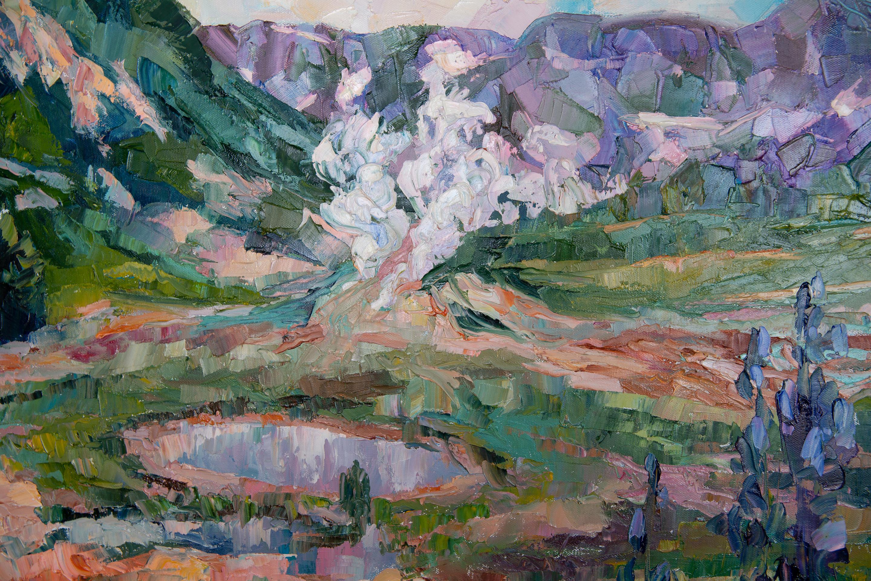 The Valley of Geysers. Landscape, lake, mountains, horizontal, impressionism For Sale 8