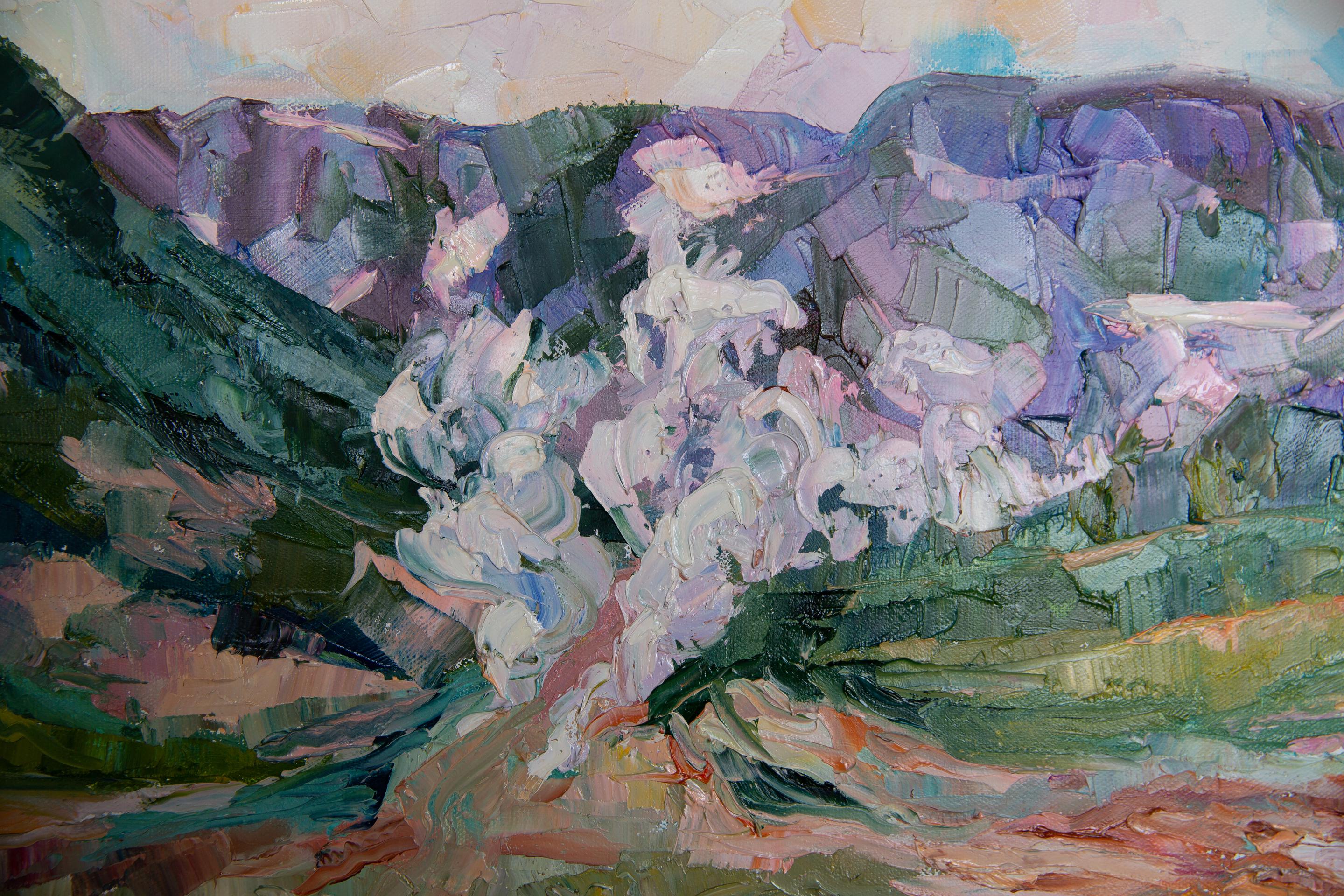 The Valley of Geysers. Landscape, lake, mountains, horizontal, impressionism For Sale 9