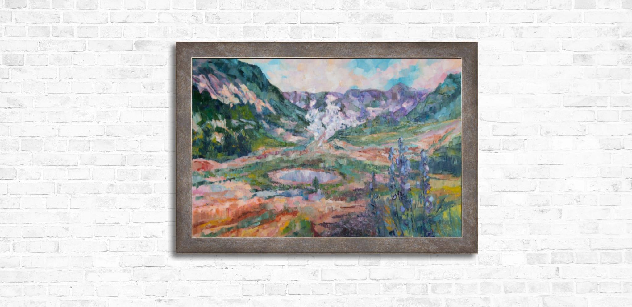 The Valley of Geysers. Landscape, lake, mountains, horizontal, impressionism For Sale 11