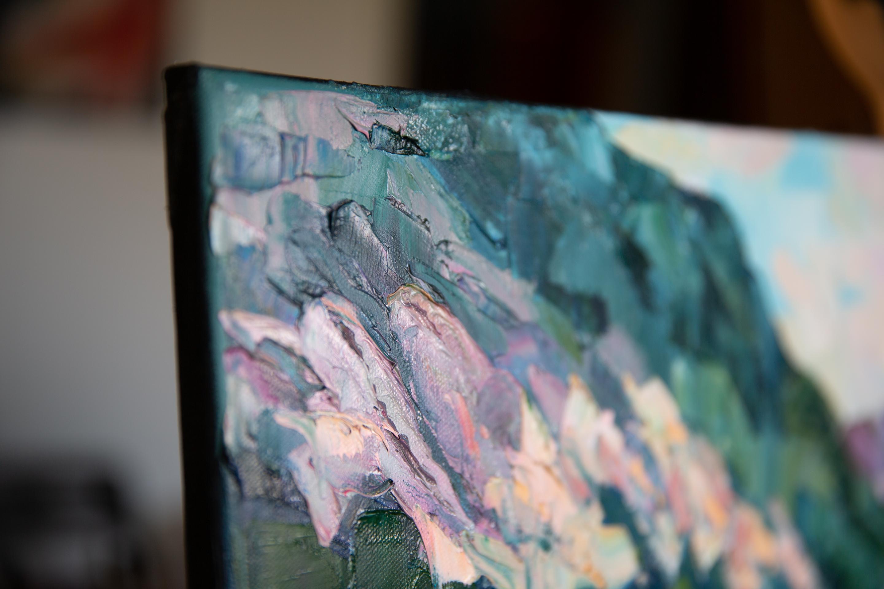 The Valley of Geysers. Landscape, lake, mountains, horizontal, impressionism - Painting by Anna Shesterikova