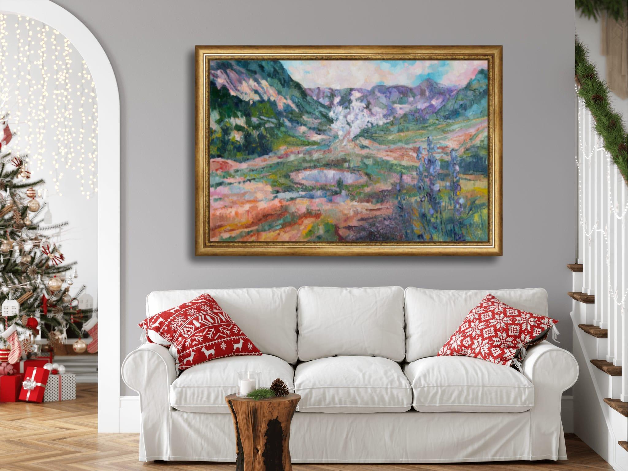 The Valley of Geysers. Landscape, lake, mountains, horizontal, impressionism For Sale 15
