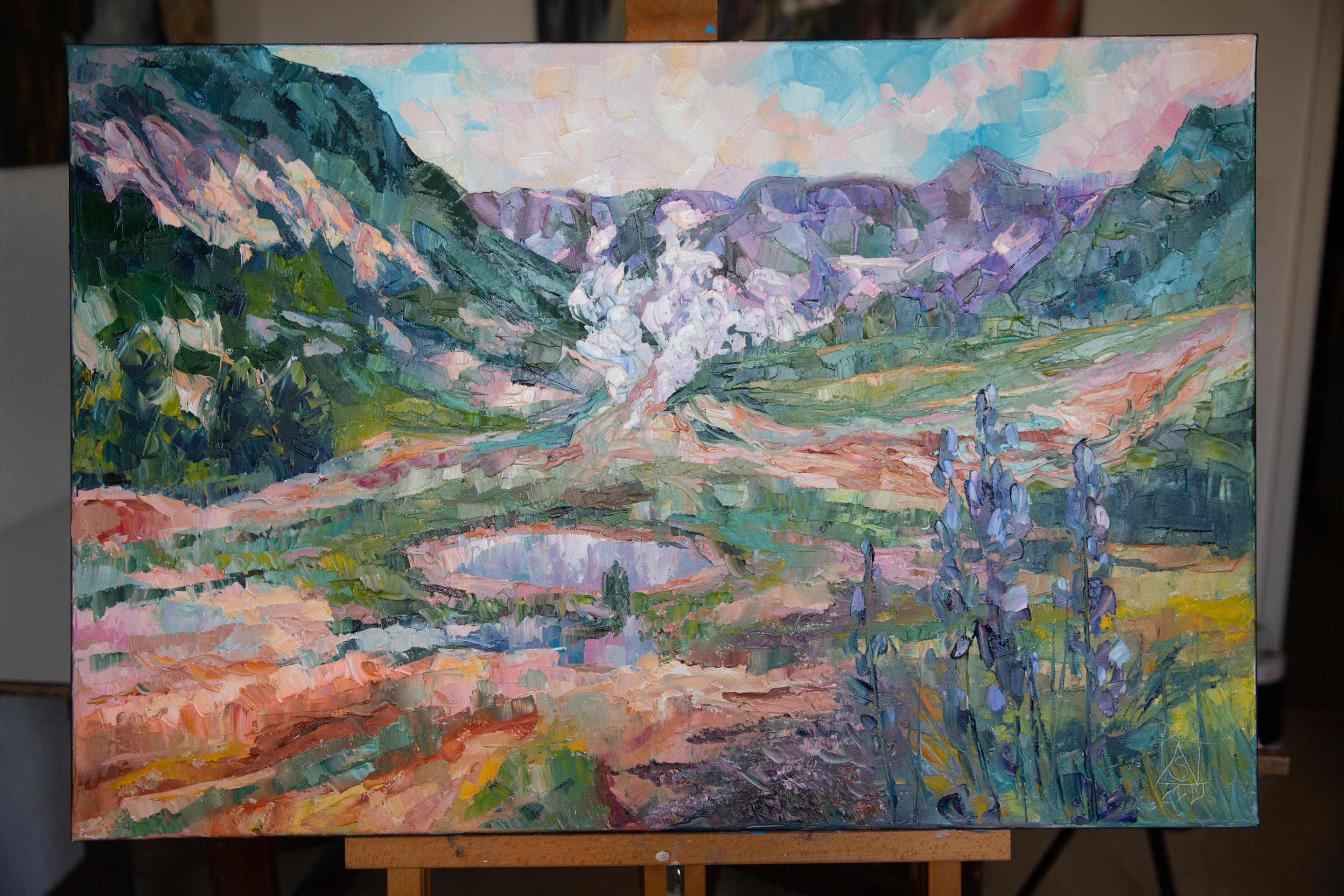 The Valley of Geysers. Landscape, lake, mountains, horizontal, impressionism - Impressionist Painting by Anna Shesterikova