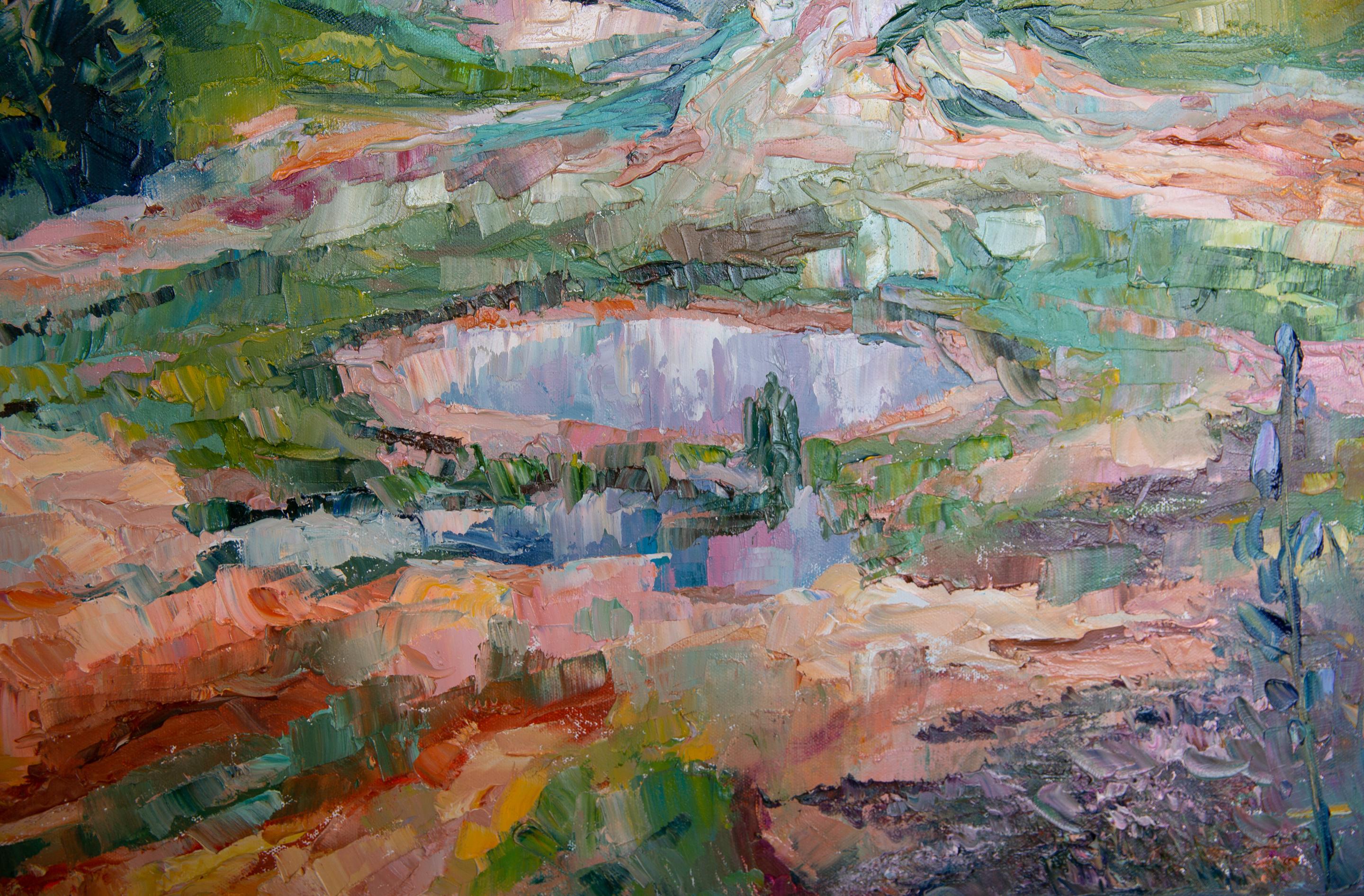 The Valley of Geysers. Landscape, lake, mountains, horizontal, impressionism For Sale 2