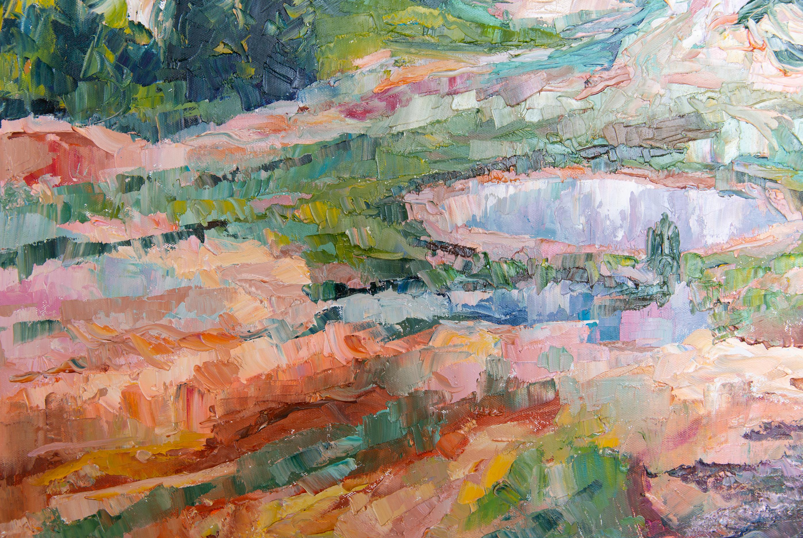 The Valley of Geysers. Landscape, lake, mountains, horizontal, impressionism For Sale 3