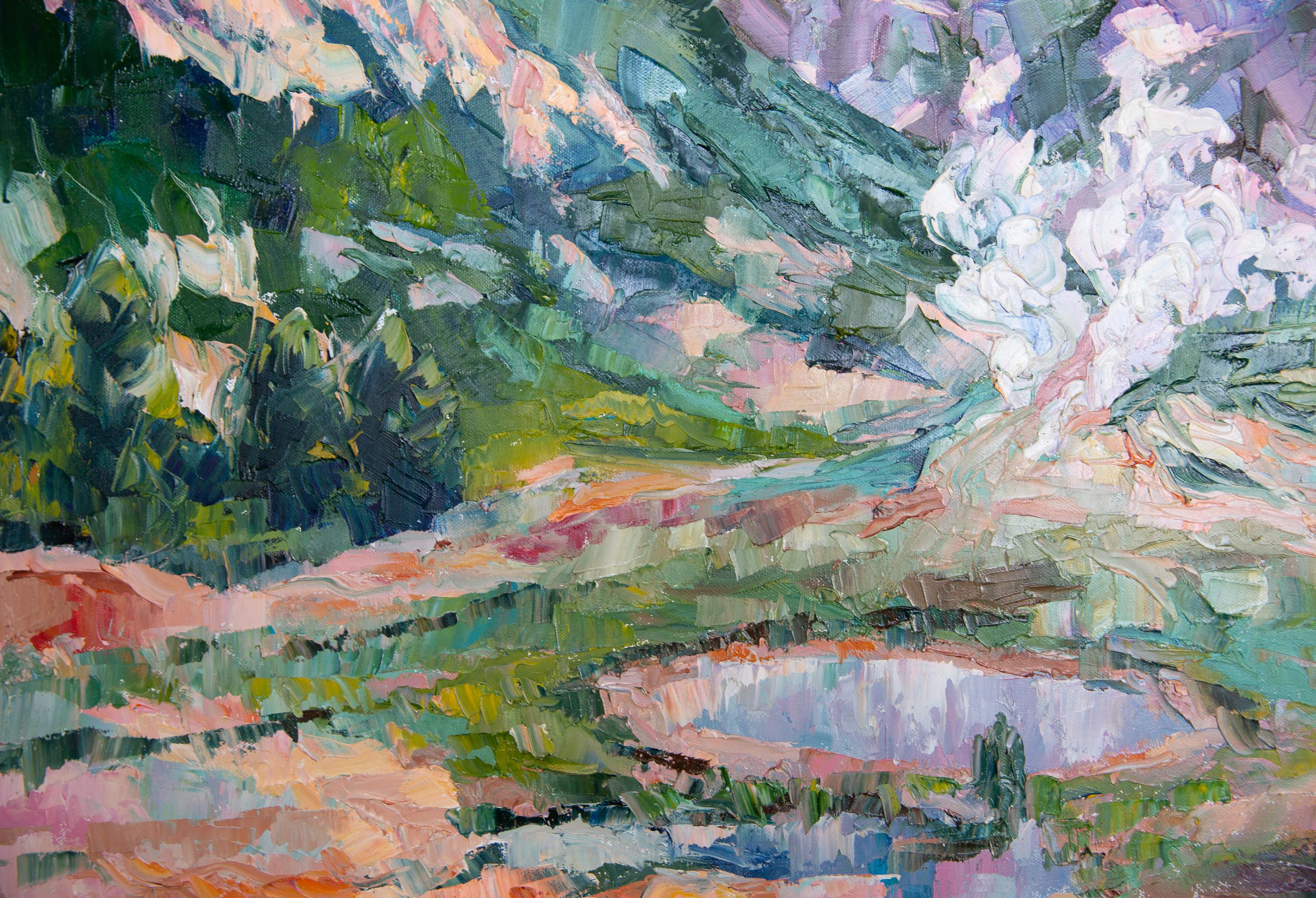 The Valley of Geysers. Landscape, lake, mountains, horizontal, impressionism For Sale 4