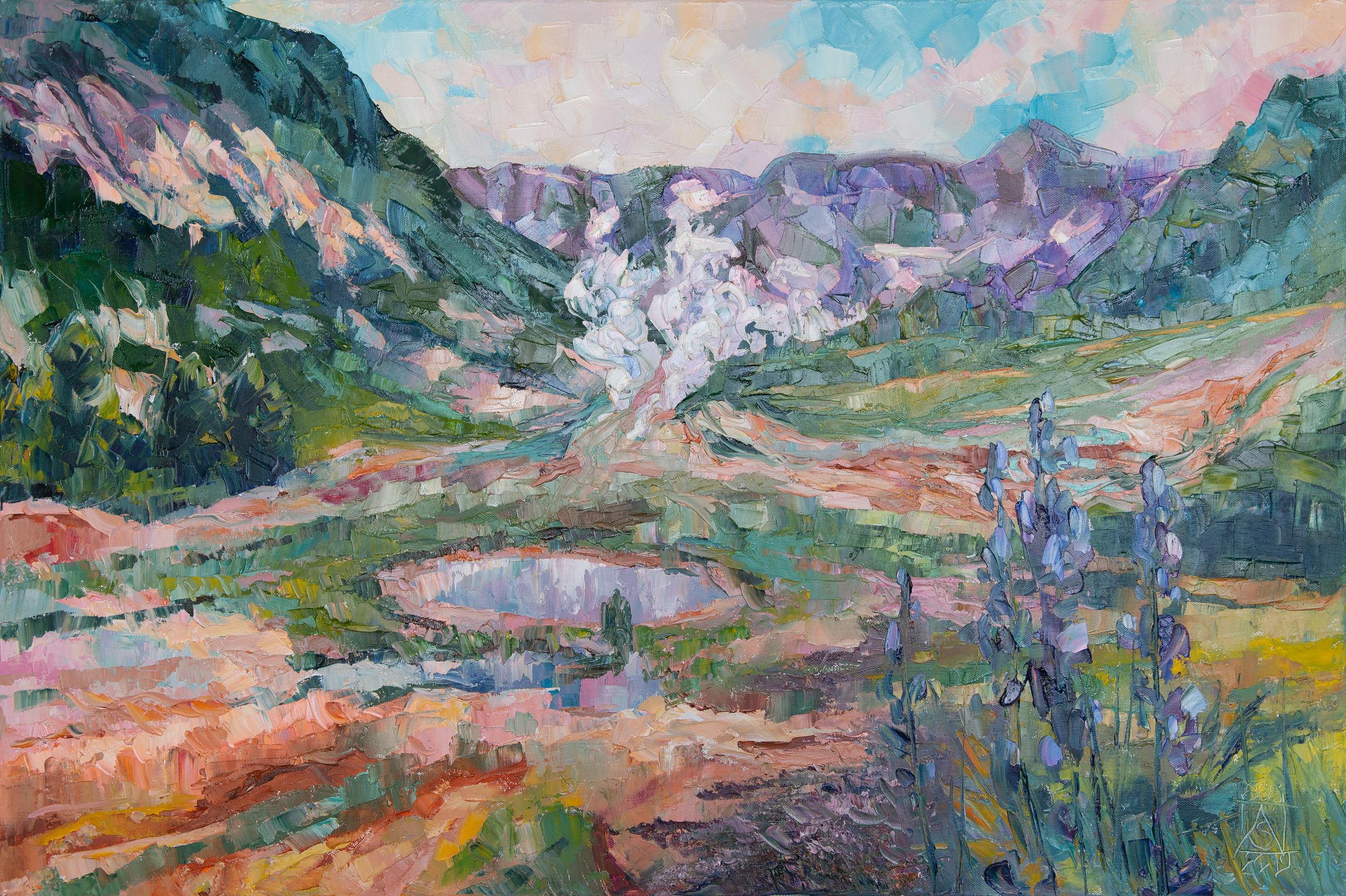 Anna Shesterikova Landscape Painting - The Valley of Geysers. Landscape, lake, mountains, horizontal, impressionism