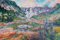 The Valley of Geysers. Landscape, lake, mountains, horizontal, impressionism
