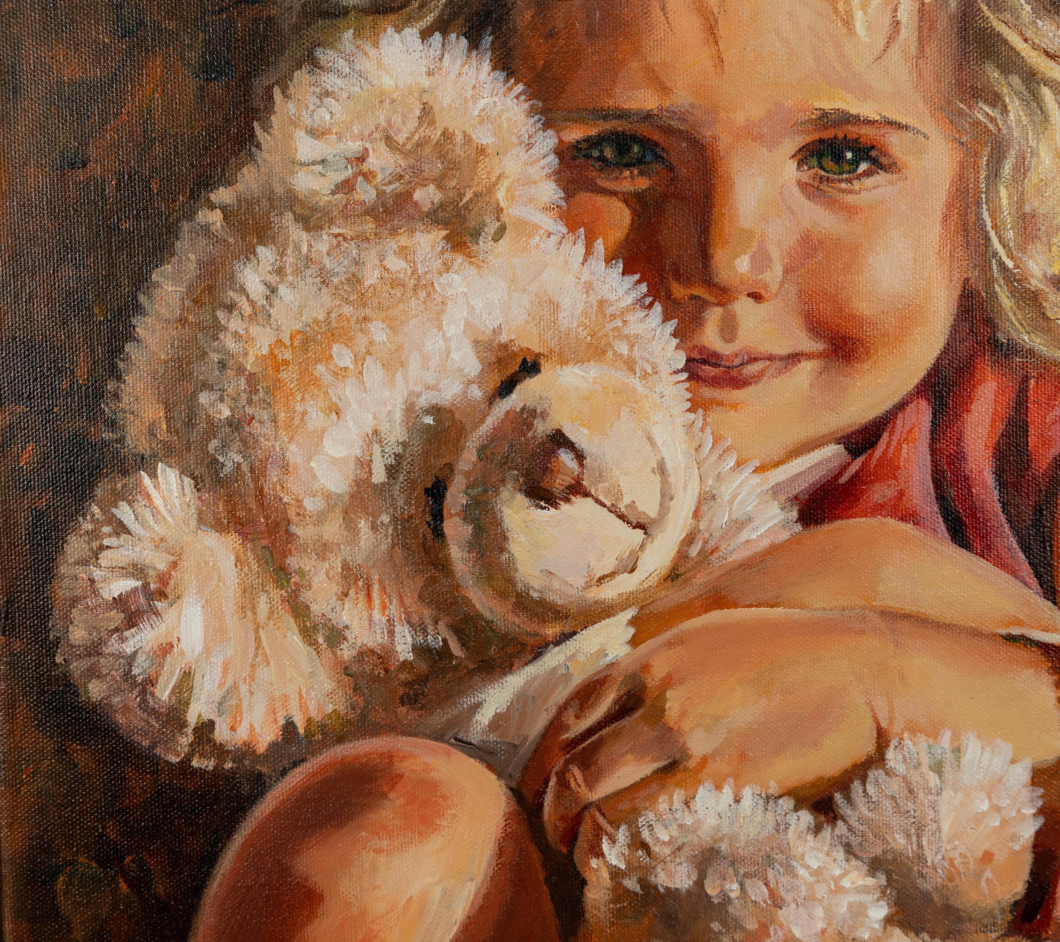Dies ist mein Teddybär! Porträt eines Mädchens, Acryl, vertikal. im Angebot 1