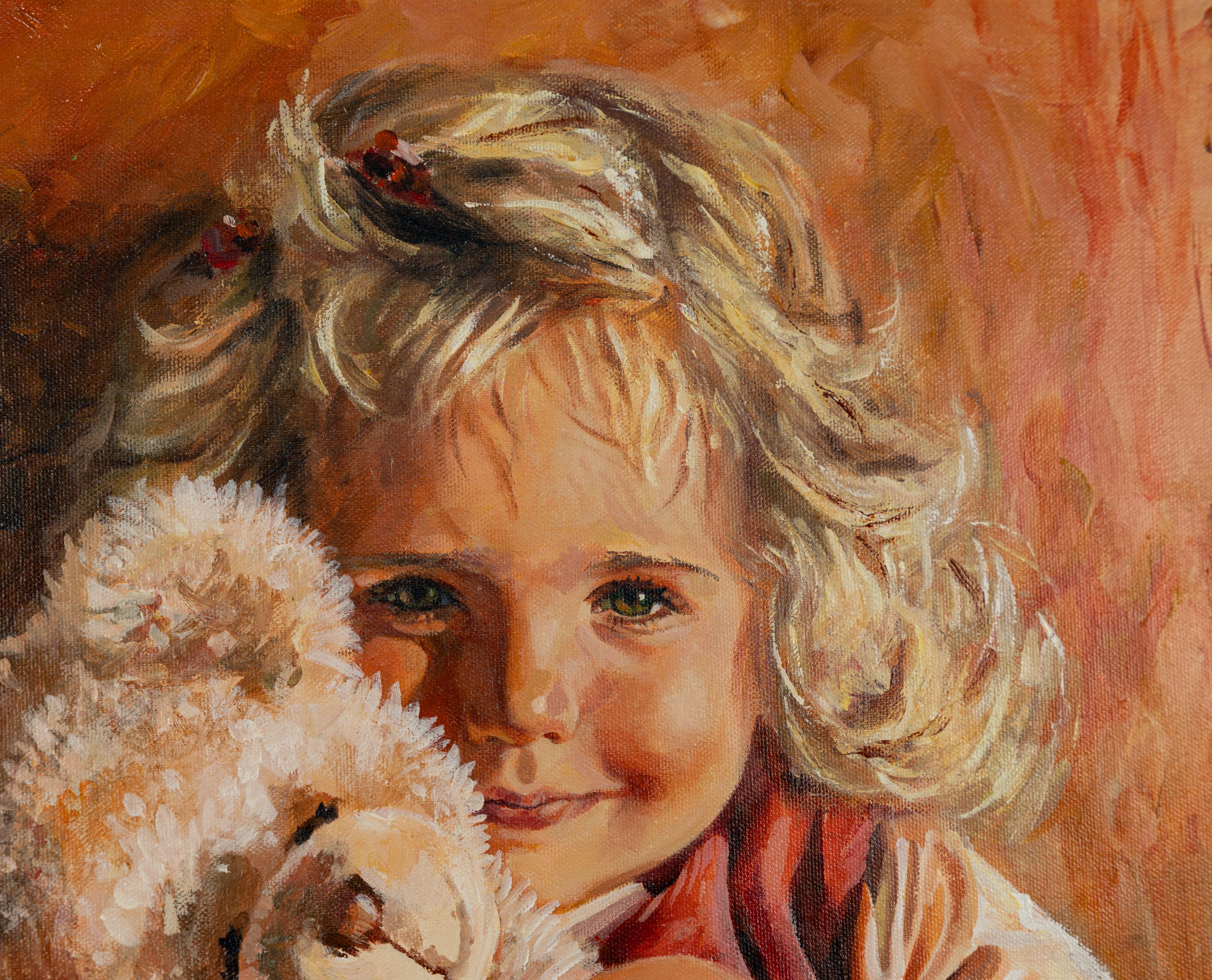 Dies ist mein Teddybär! Porträt eines Mädchens, Acryl, vertikal. im Angebot 2