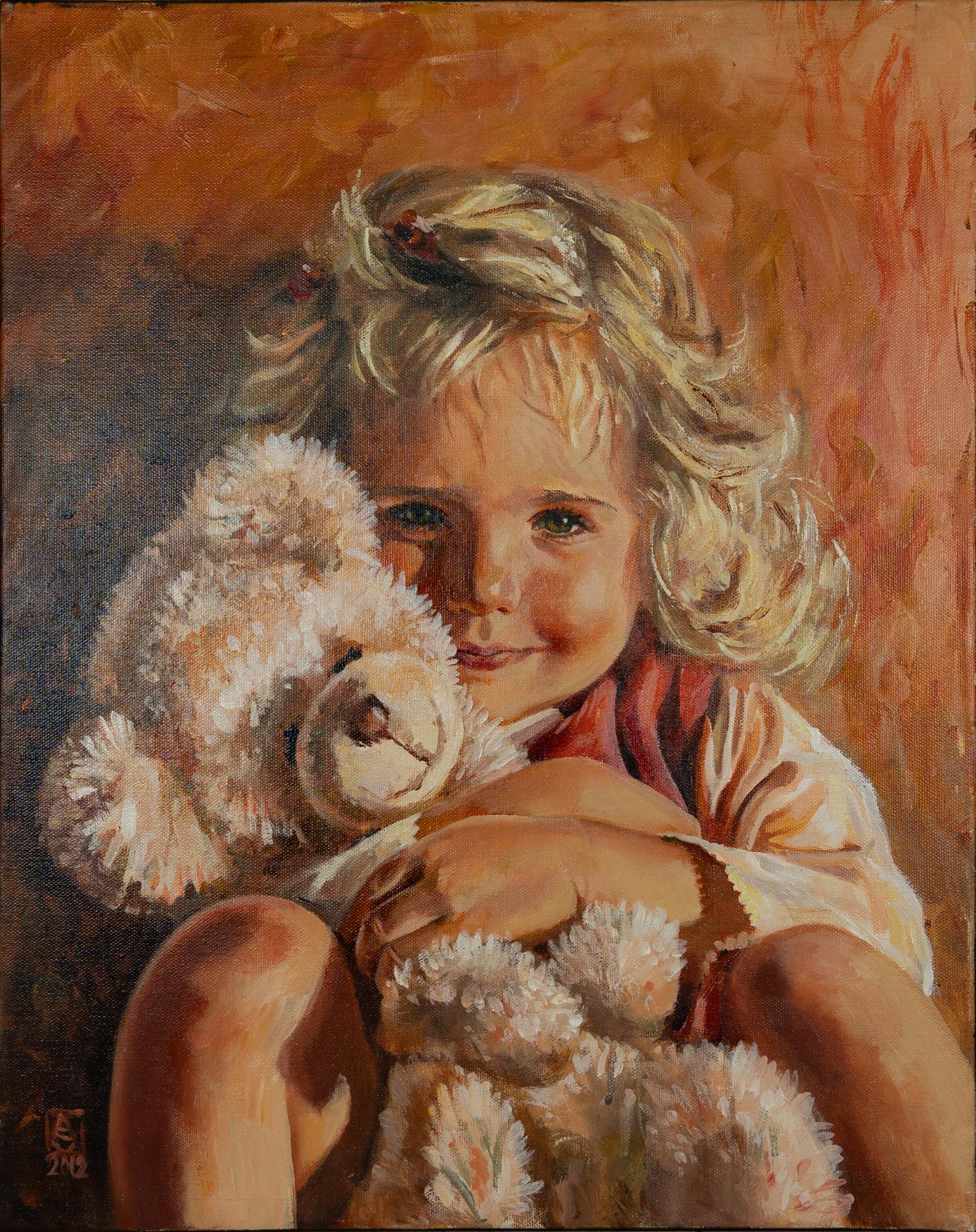 Anna Shesterikova Portrait Painting - This Is My Teddy Bear! Portrait of a girl, acrylic, vertical, impressionism