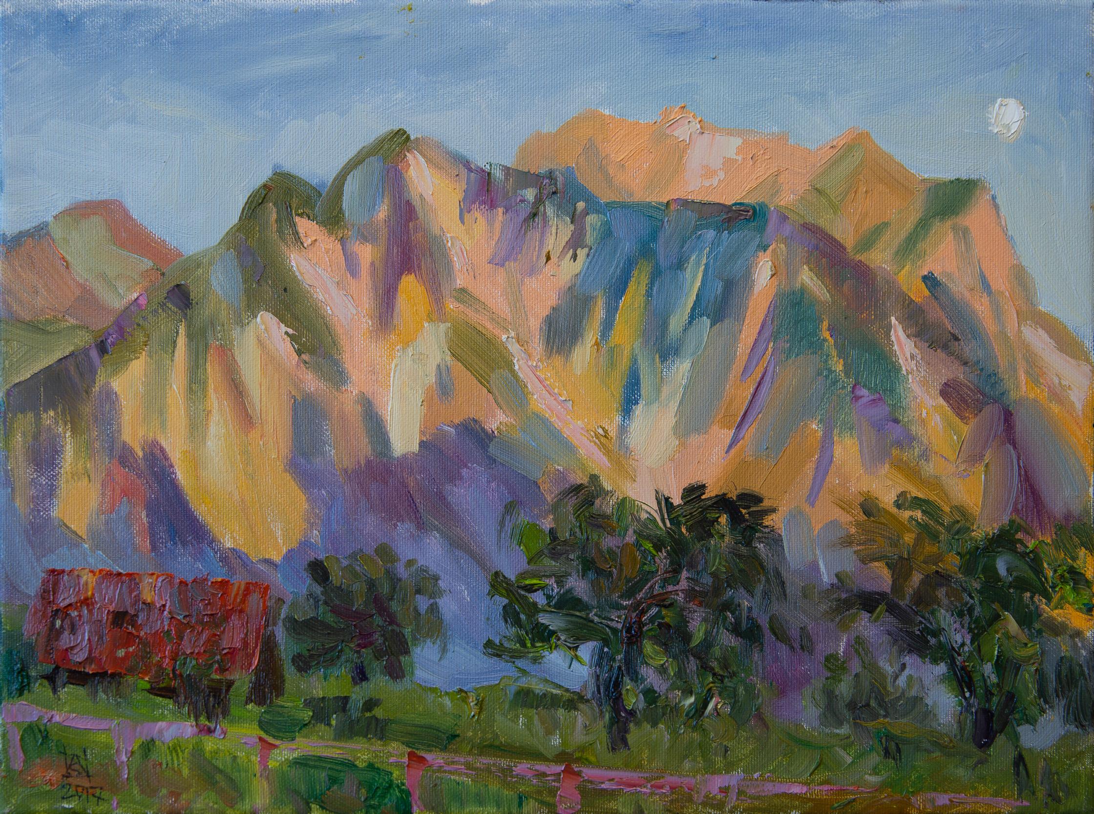 Anna Shesterikova Landscape Painting – Drei Schwestern Mountain In The Evening