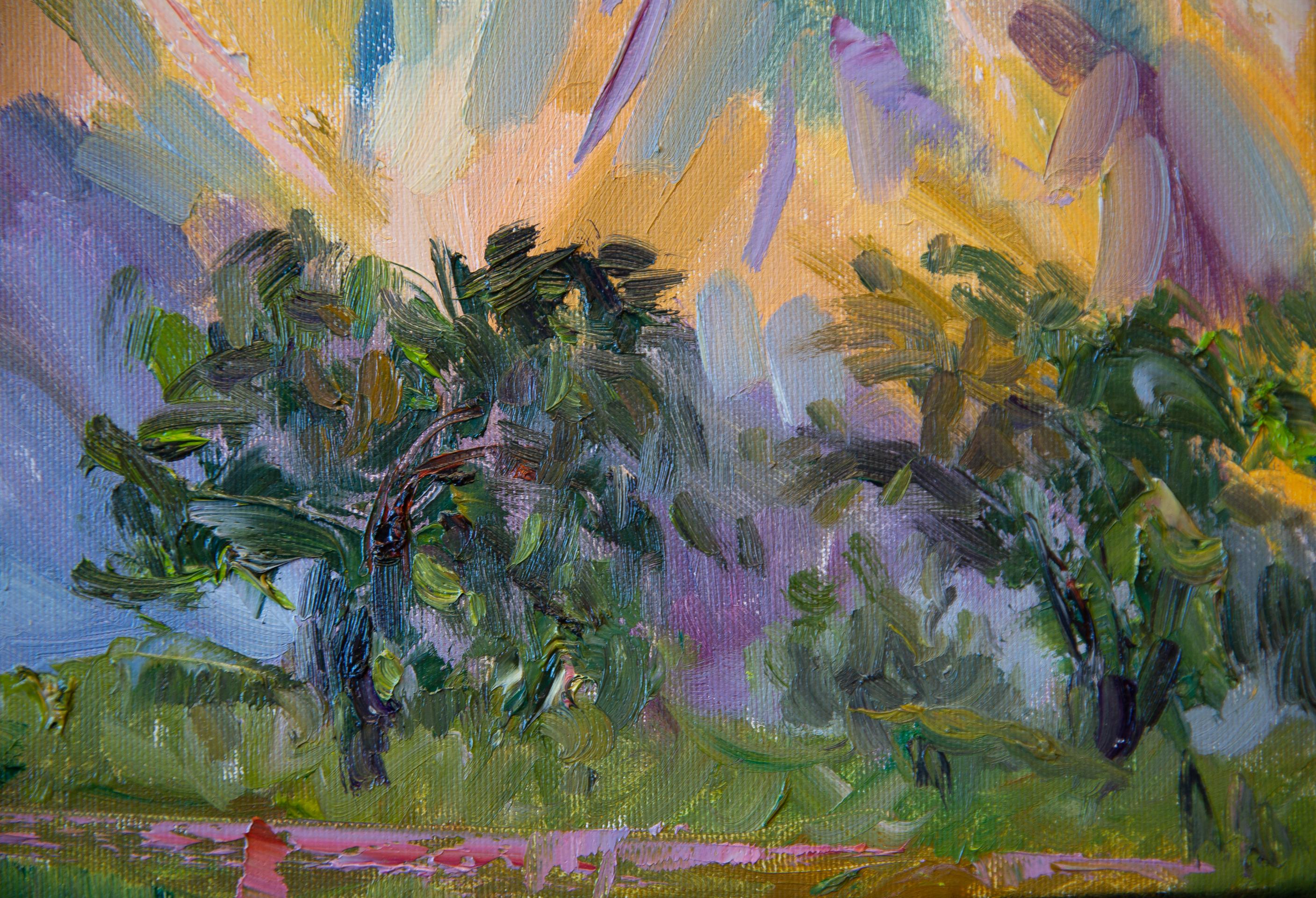 Three Sisters Mountain In The Evening. Horizontal, impressionism, landscape - Gray Landscape Painting by Anna Shesterikova