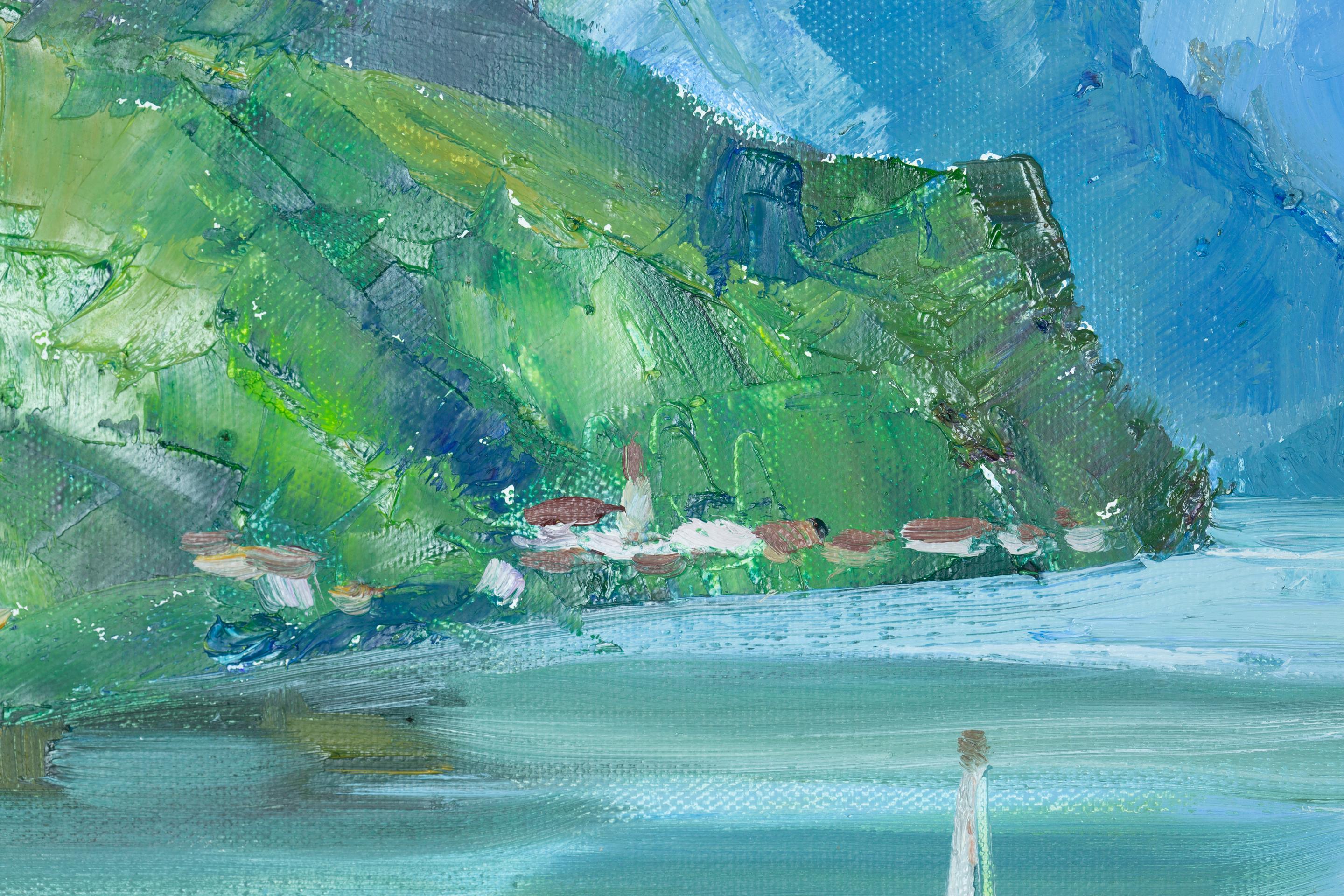 Ruhe am SHORE.  Horizontal, See, Berge, Boot, blau im Angebot 5