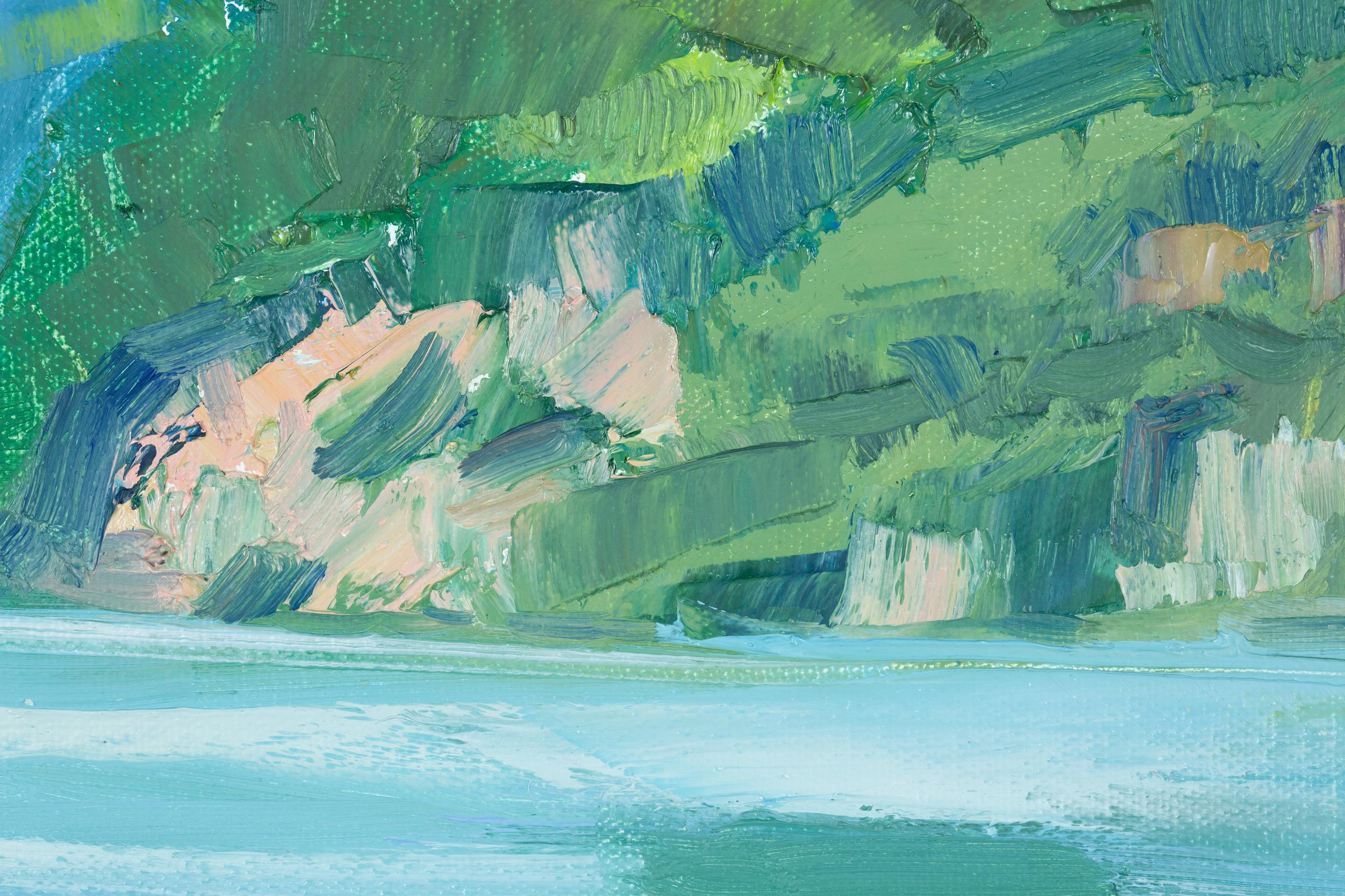 Ruhe am SHORE.  Horizontal, See, Berge, Boot, blau im Angebot 6