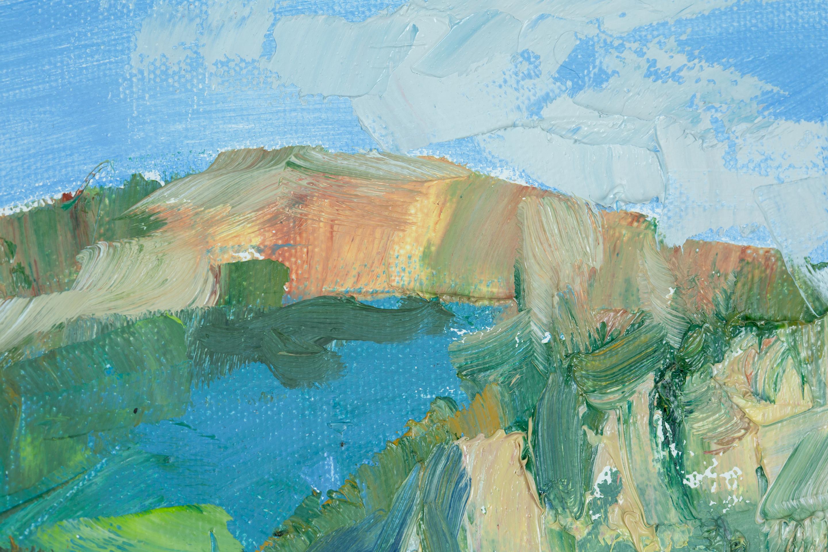 Ruhe am SHORE.  Horizontal, See, Berge, Boot, blau im Angebot 7