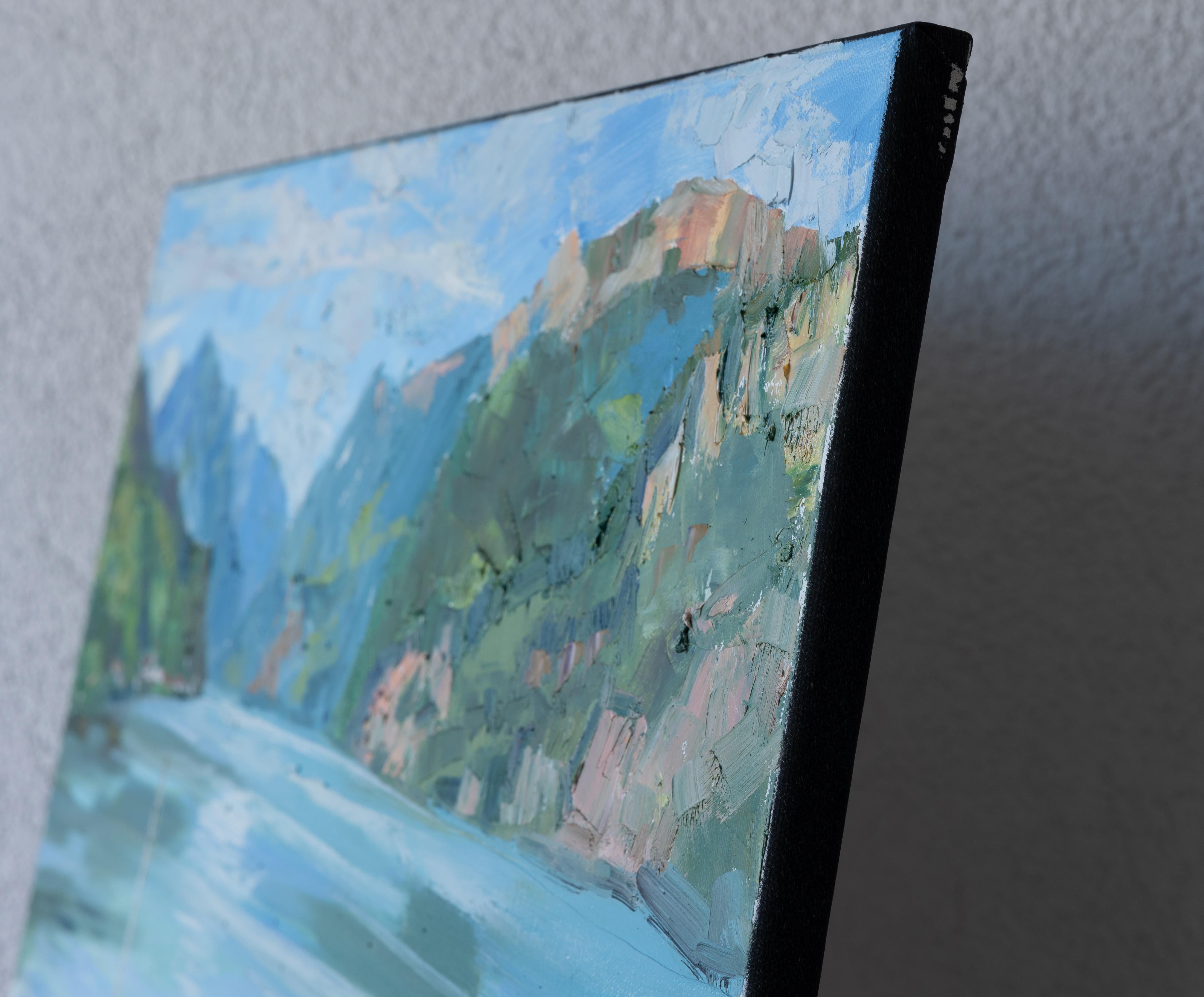 Ruhe am SHORE.  Horizontal, See, Berge, Boot, blau – Painting von Anna Shesterikova