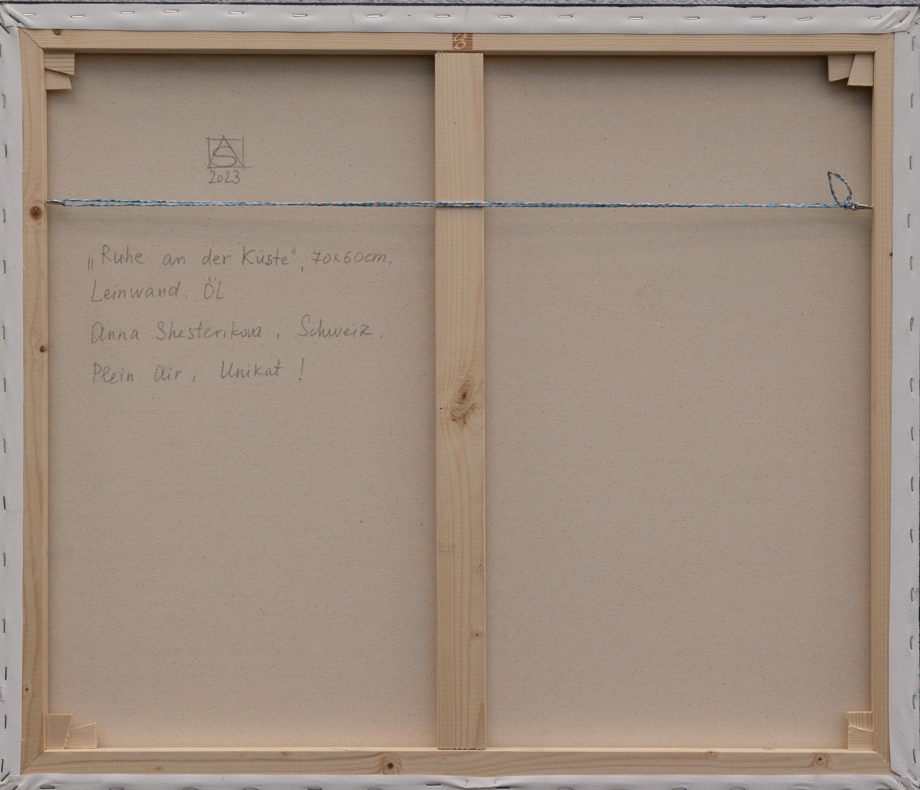 Ruhe am SHORE.  Horizontal, See, Berge, Boot, blau (Post-Impressionismus), Painting, von Anna Shesterikova