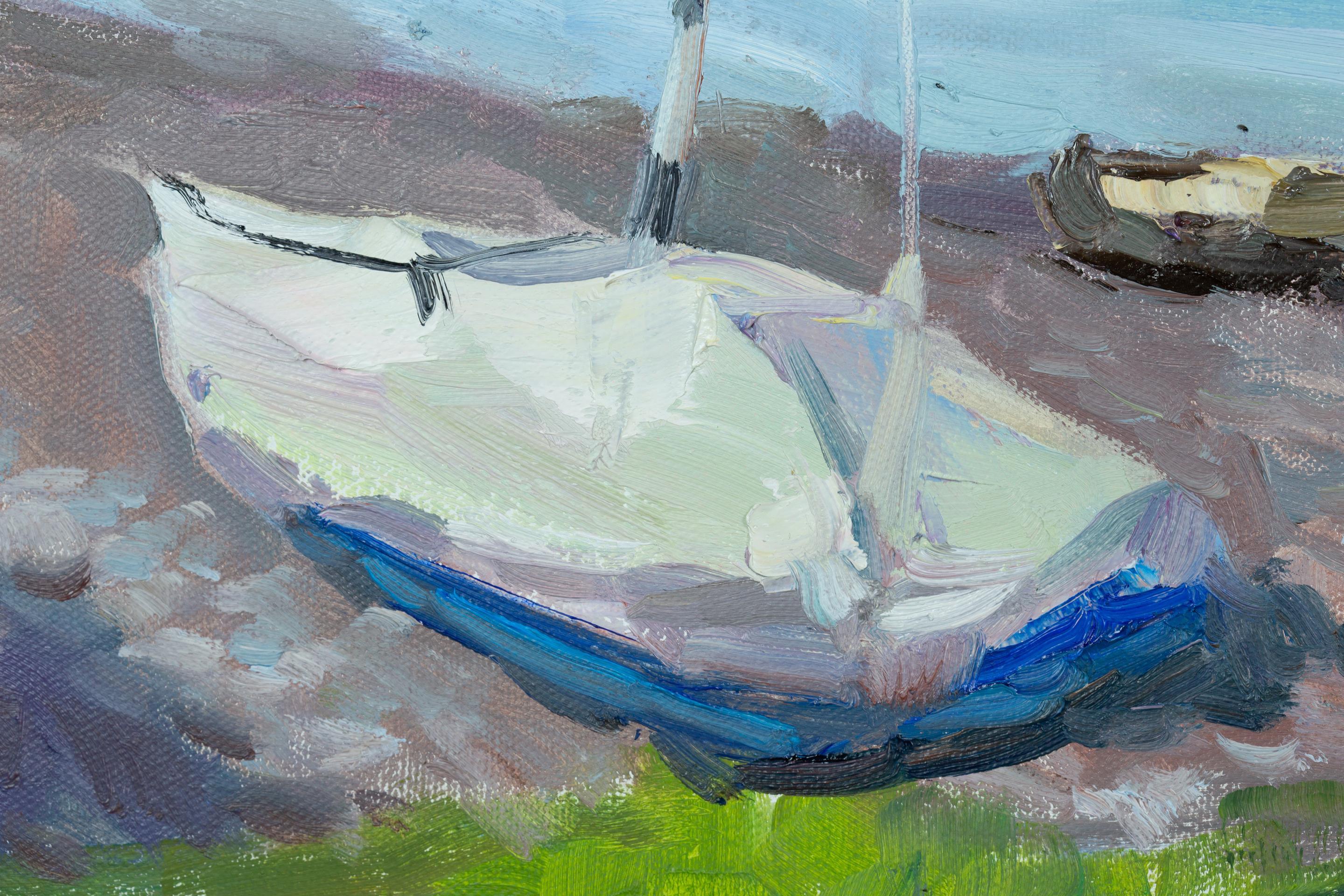 Ruhe am SHORE.  Horizontal, See, Berge, Boot, blau im Angebot 3