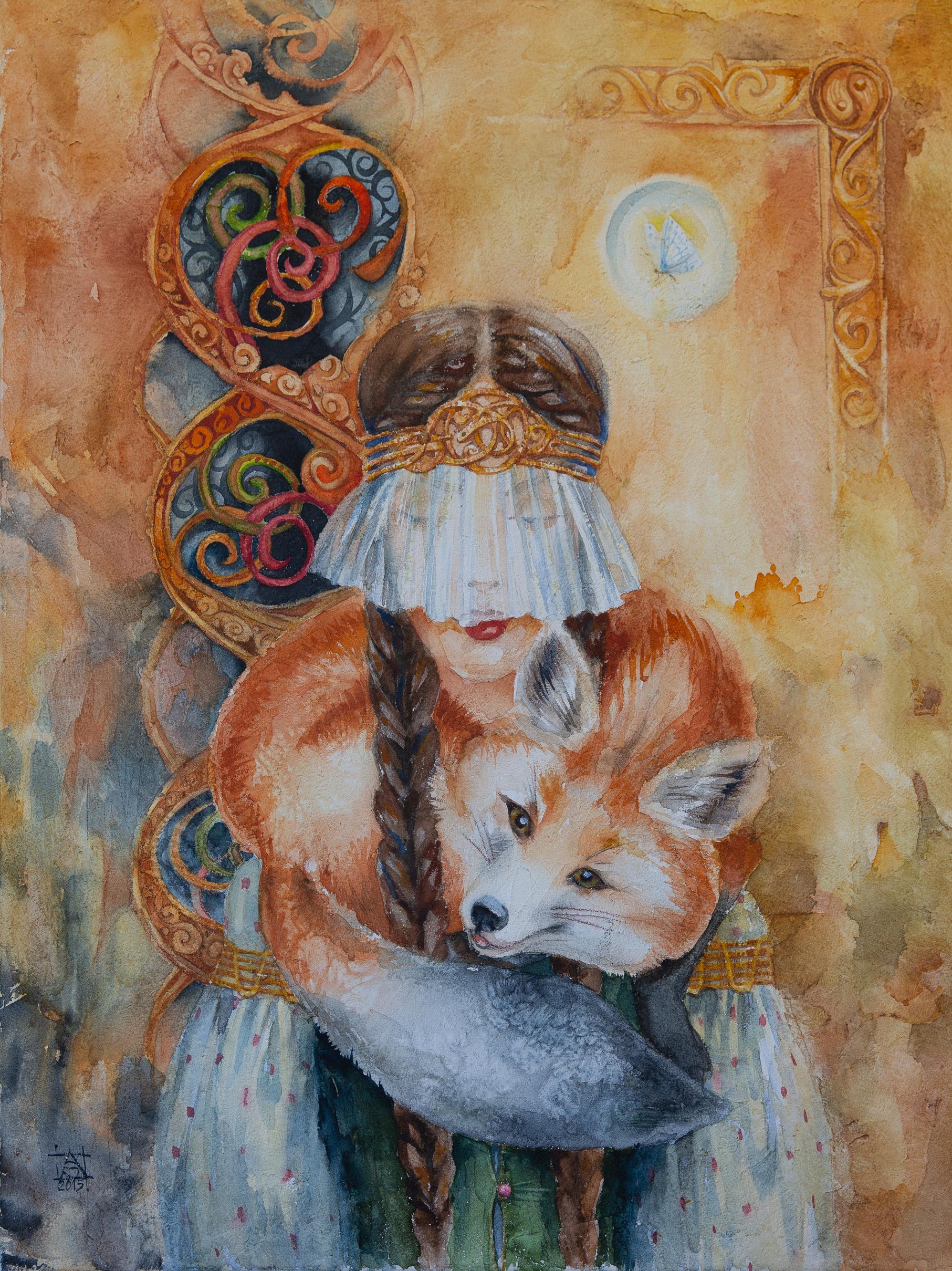 Figurative Painting de Anna Shesterikova - Verdad-Alma. Retrato, chica figurativa, mariposa, vertical, acuarela sobre lienzo