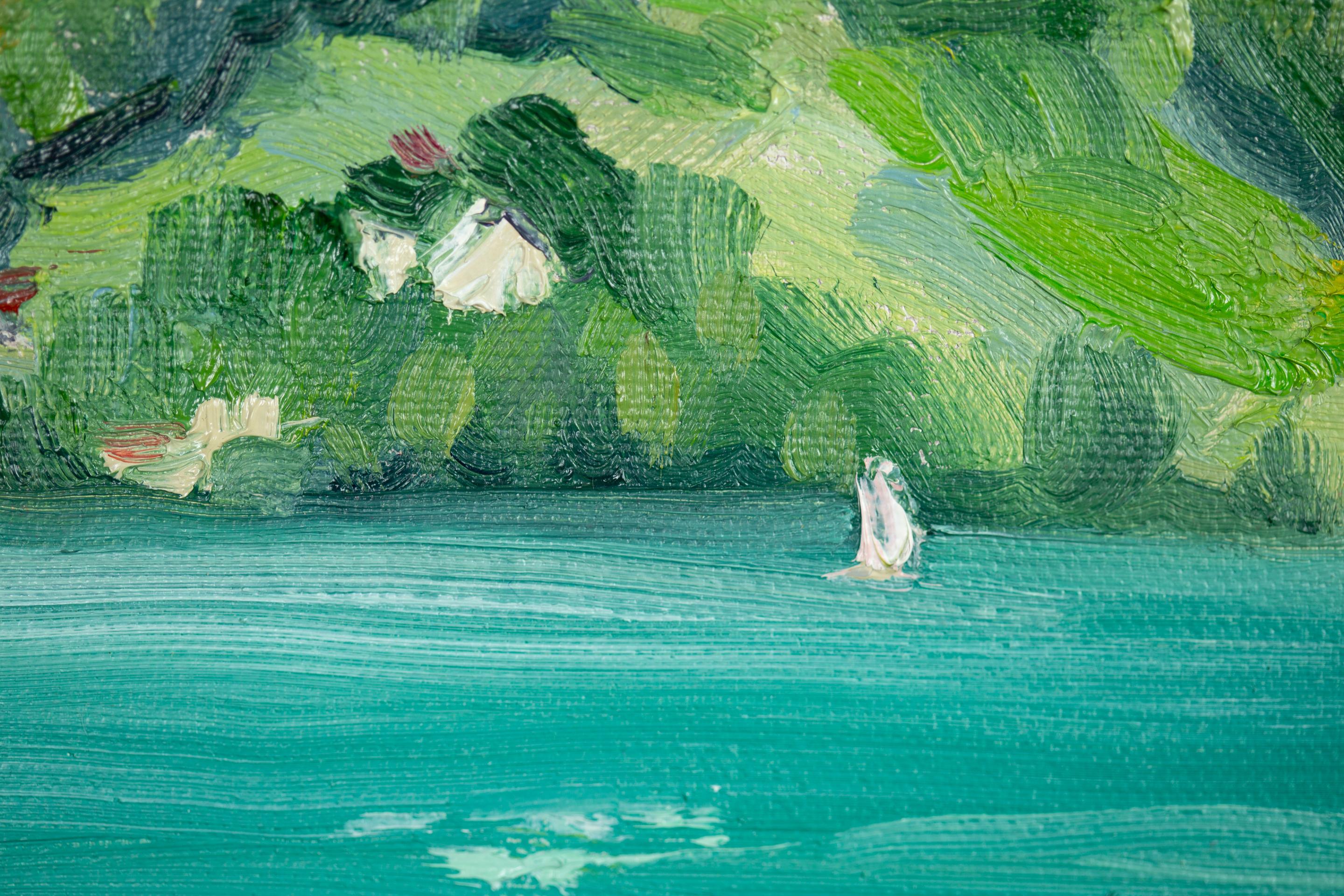 Il lago turchese Walensee. Verticale, impressionismo, paesaggio, montagne, yacht in vendita 9