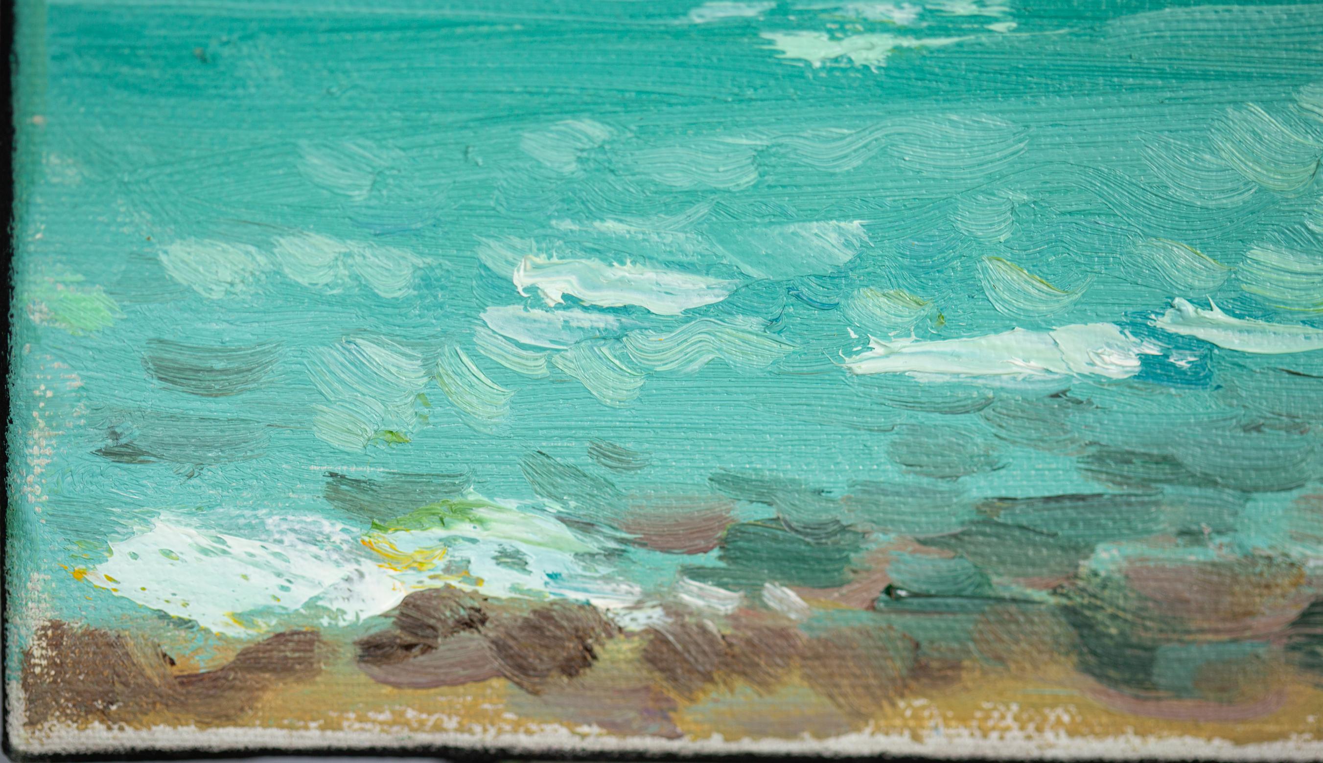 Turquoise Lake Walensee. Vertical, impressionism, landscape, mountains, yacht - Green Landscape Painting by Anna Shesterikova
