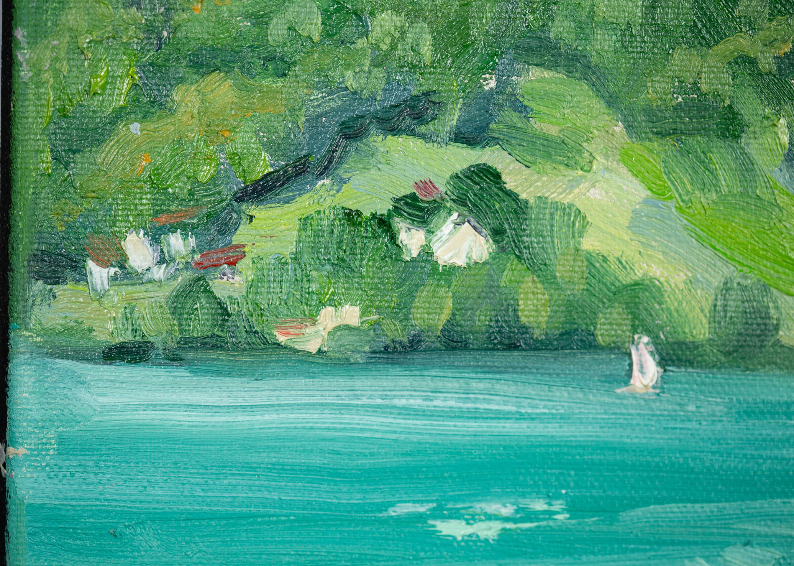 Nel mio dipinto a olio ho utilizzato la tecnica dell'impressionismo per catturare la bellezza vibrante e la natura dinamica di un lago idilliaco. L'acqua turchese, gli imponenti paesaggi montani e le vele bianche rappresentano la bellezza del