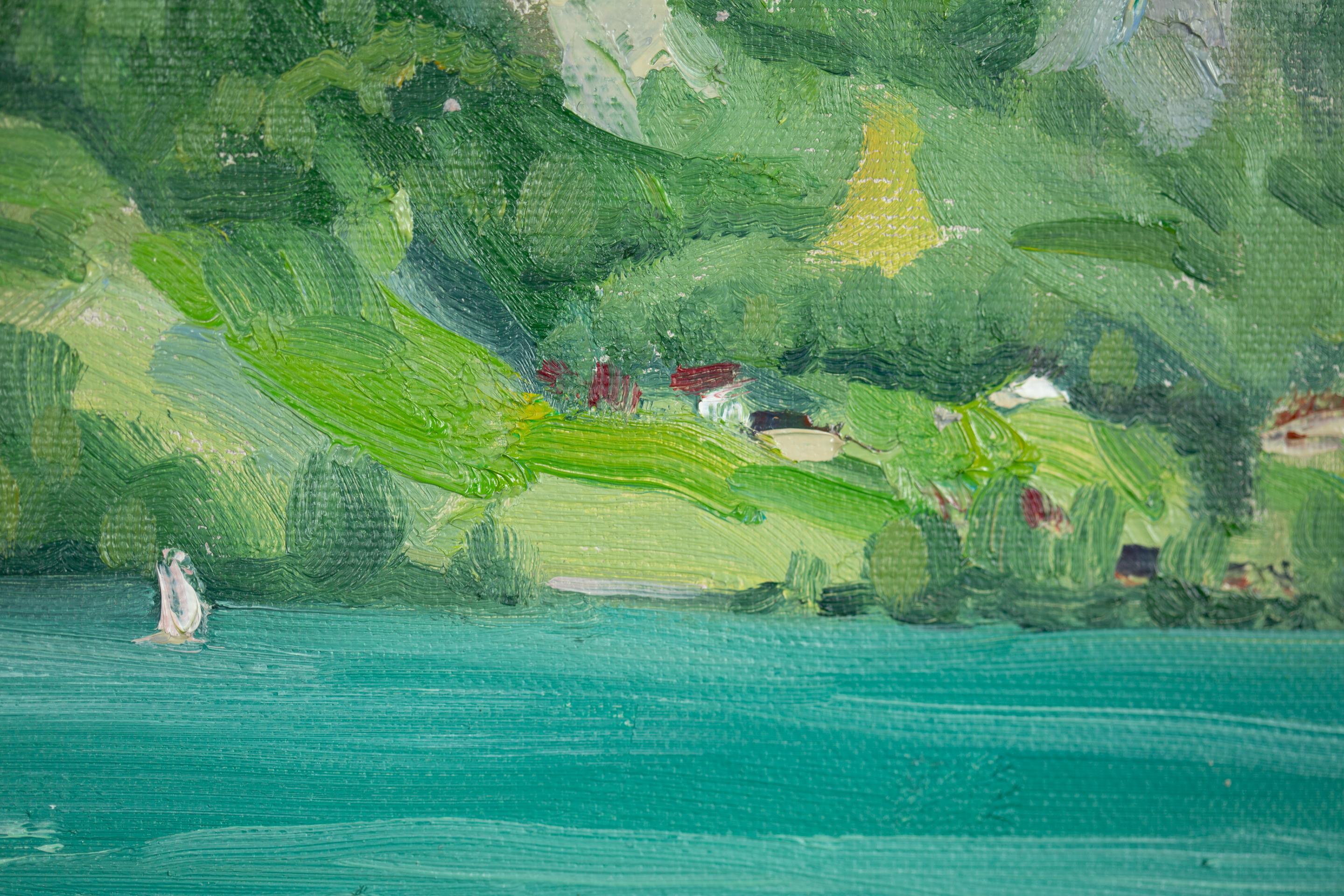 Il lago turchese Walensee. Verticale, impressionismo, paesaggio, montagne, yacht in vendita 1