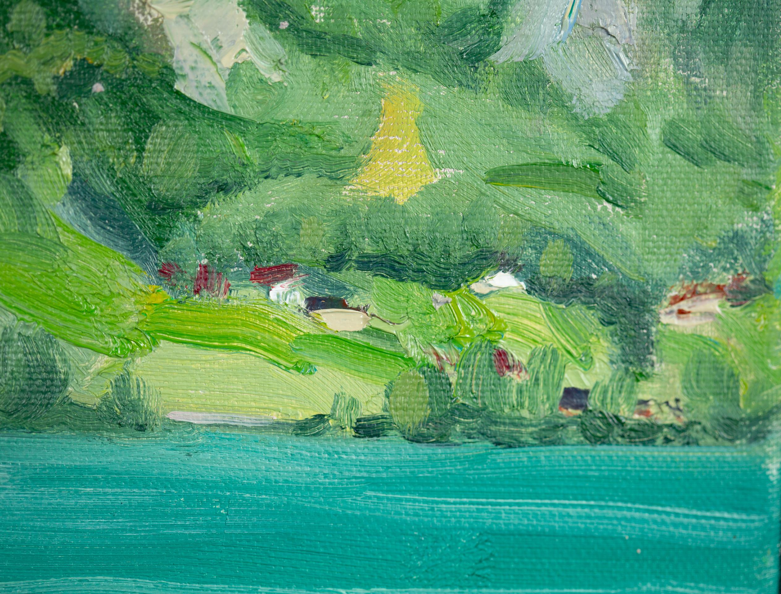 Il lago turchese Walensee. Verticale, impressionismo, paesaggio, montagne, yacht in vendita 2