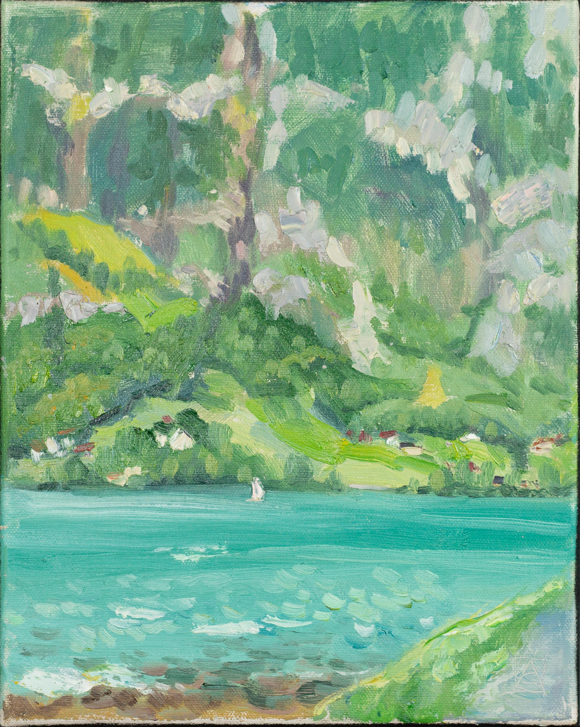 Landscape Painting di Anna Shesterikova - Il lago turchese Walensee. Verticale, impressionismo, paesaggio, montagne, yacht