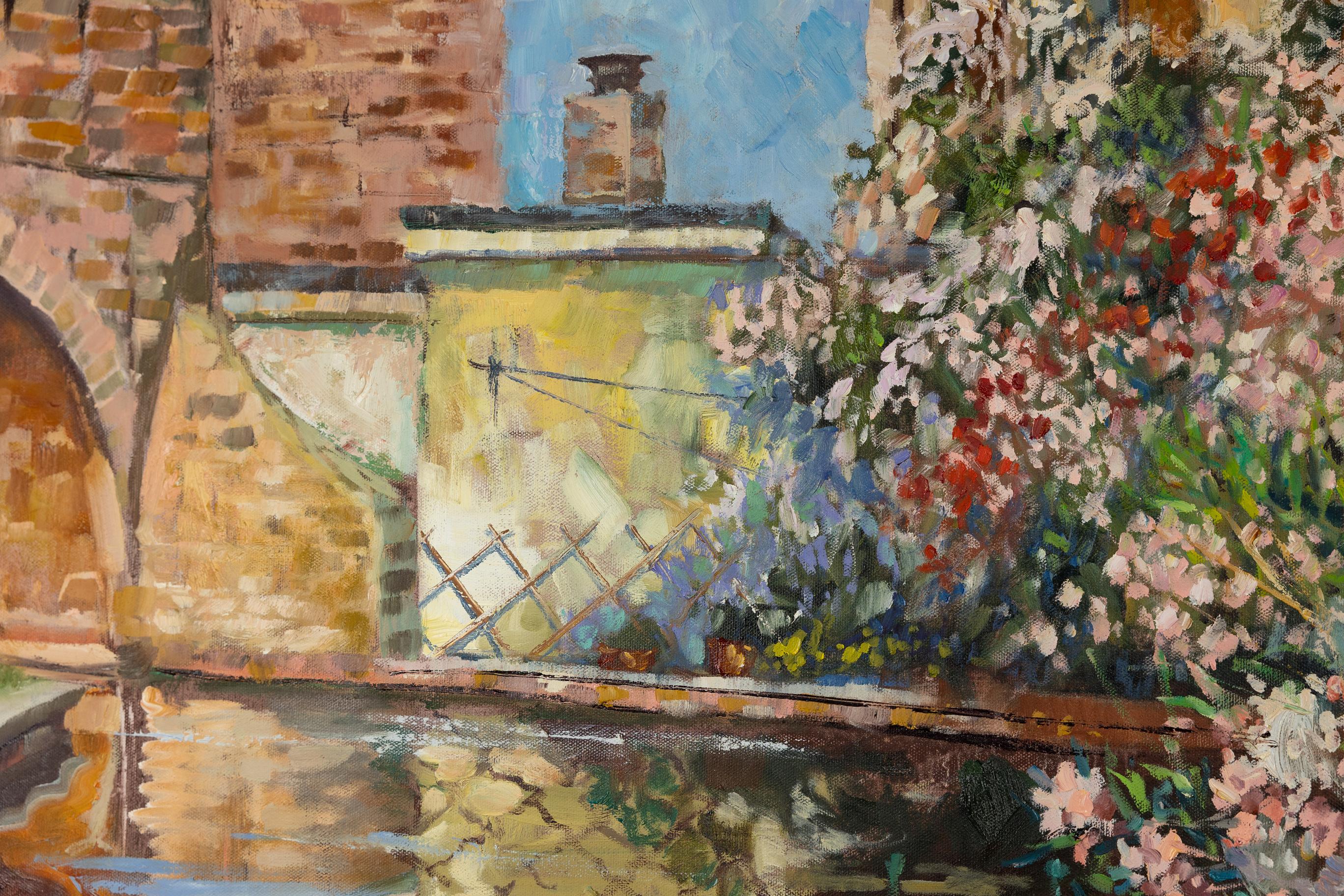 Two Boats, Comacchio. Oil horizontal Landscape, flowers, boat, Impressionism For Sale 3