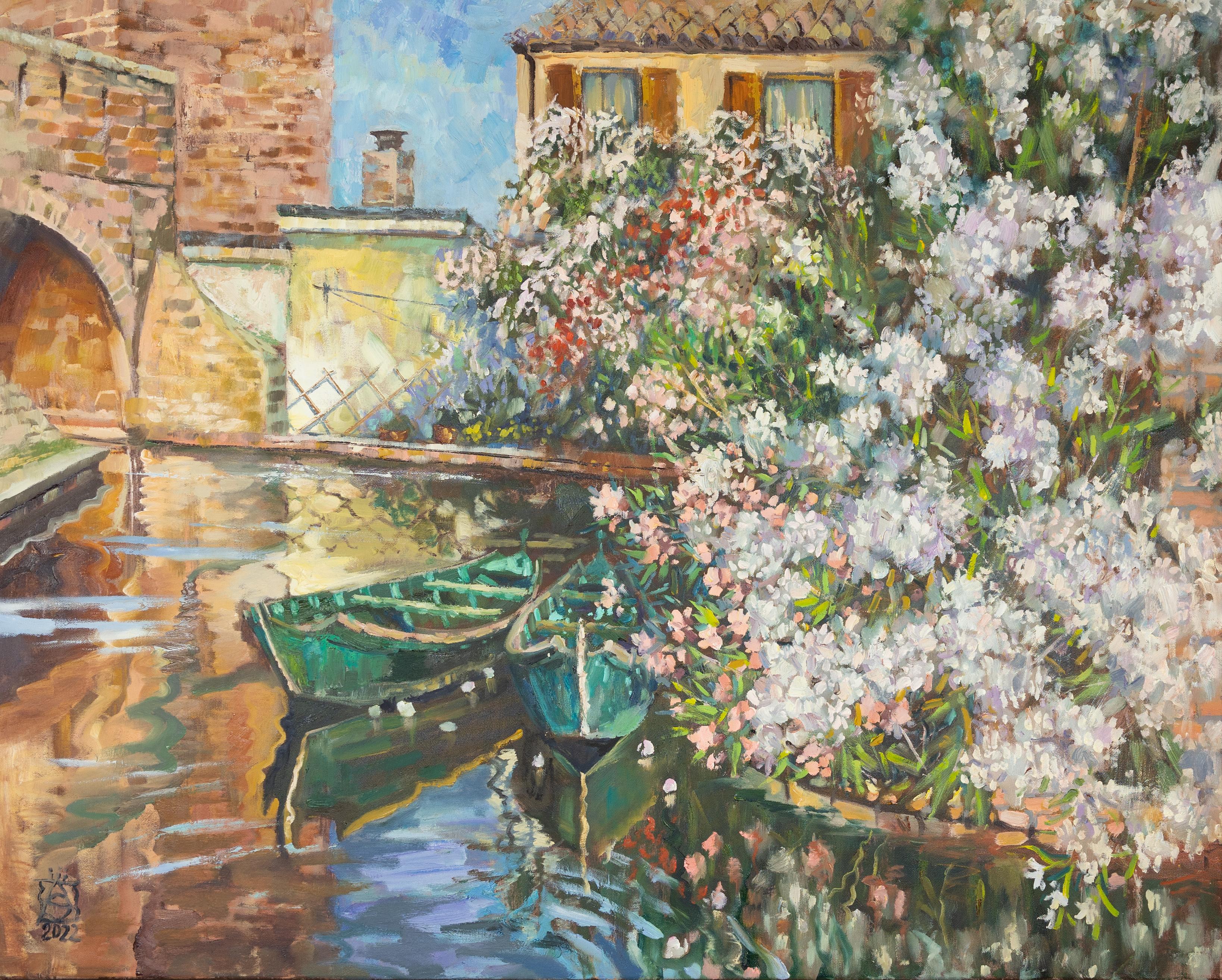 Anna Shesterikova Landscape Painting - Two Boats, Comacchio. Oil horizontal Landscape, flowers, boat, Impressionism