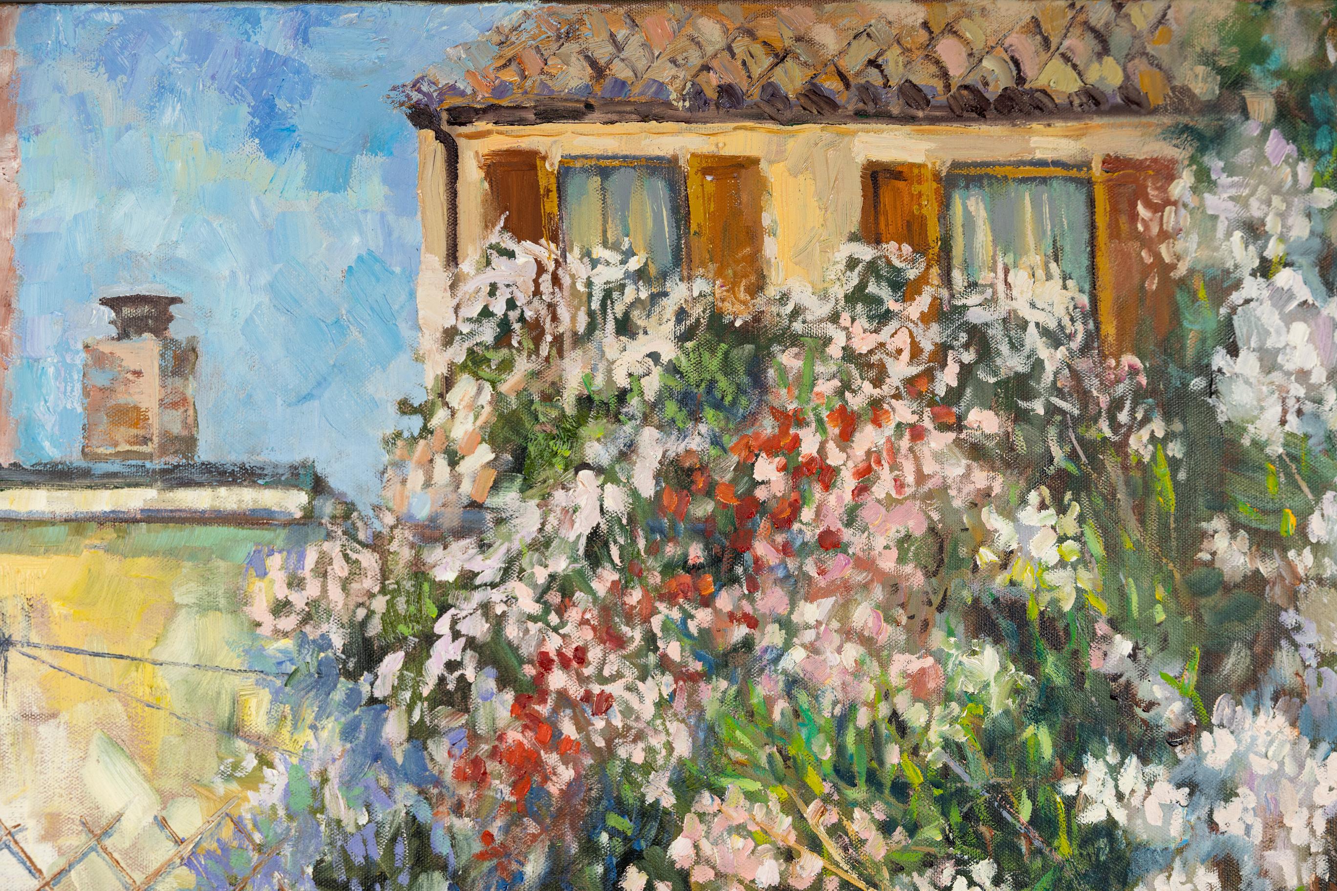 Two Boats, Comacchio. Oil horizontal Landscape, flowers, boat, Impressionism For Sale 2