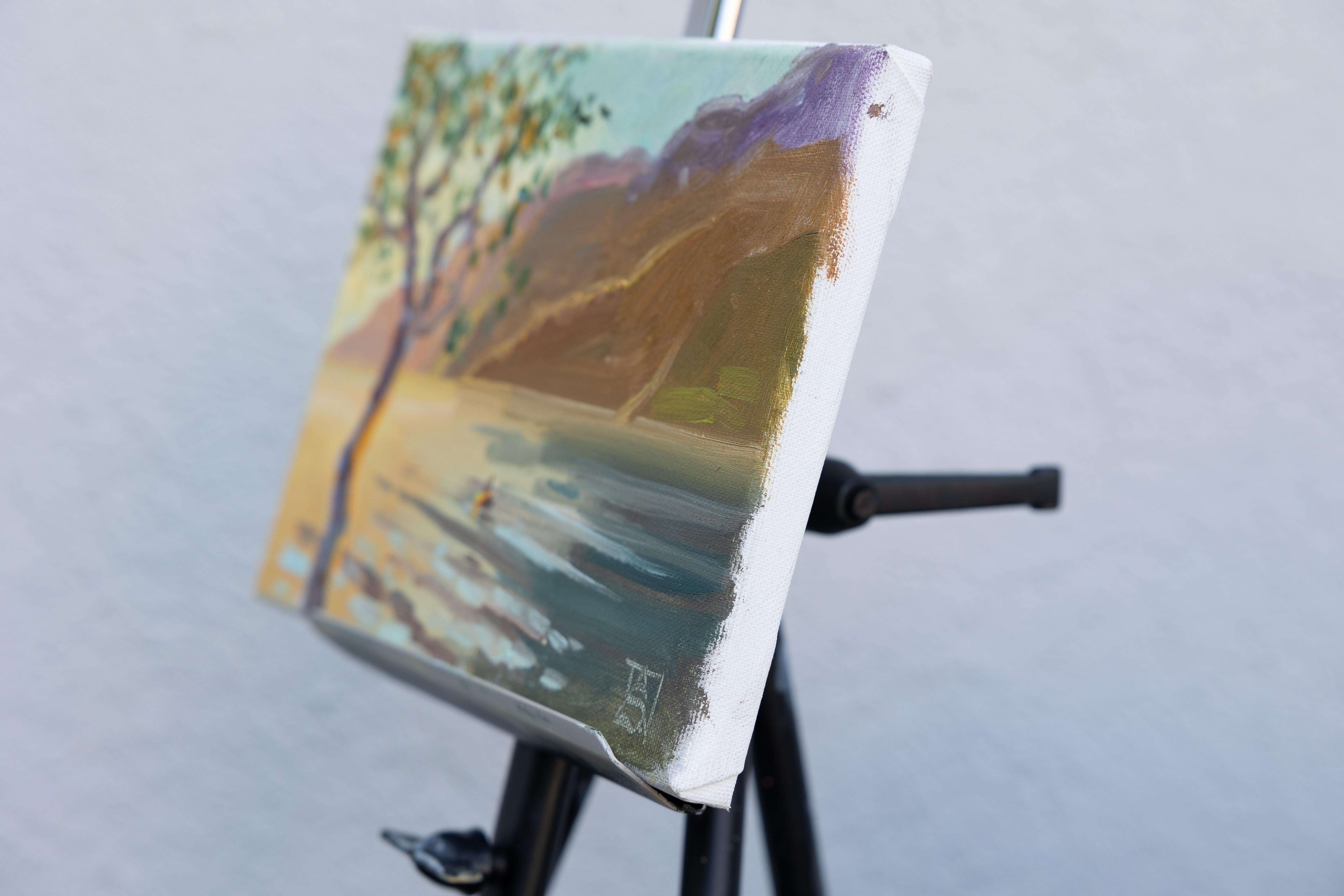Due in barca. Paesaggio ad olio, impressionismo, orizzontale. Lago, montagne. - Painting di Anna Shesterikova