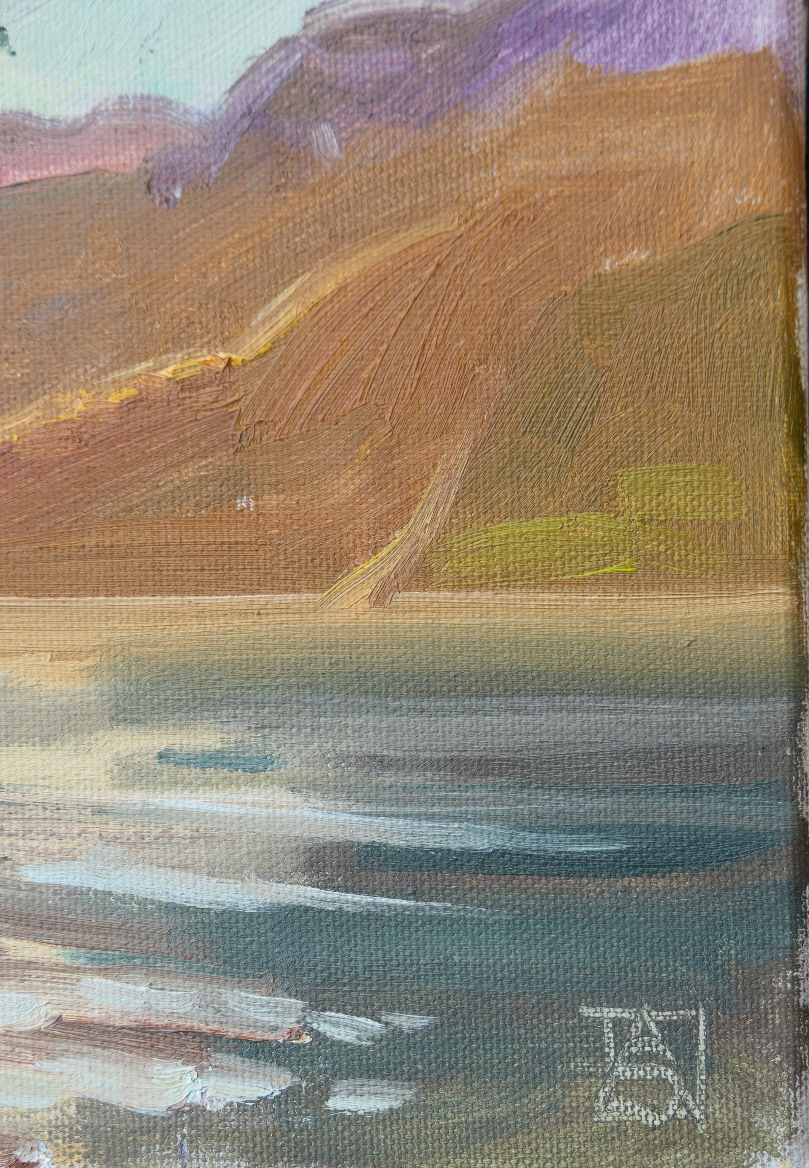 Two In A Boat. Landscape in oil, impressionism, horizontal. Lake, mountains. For Sale 2