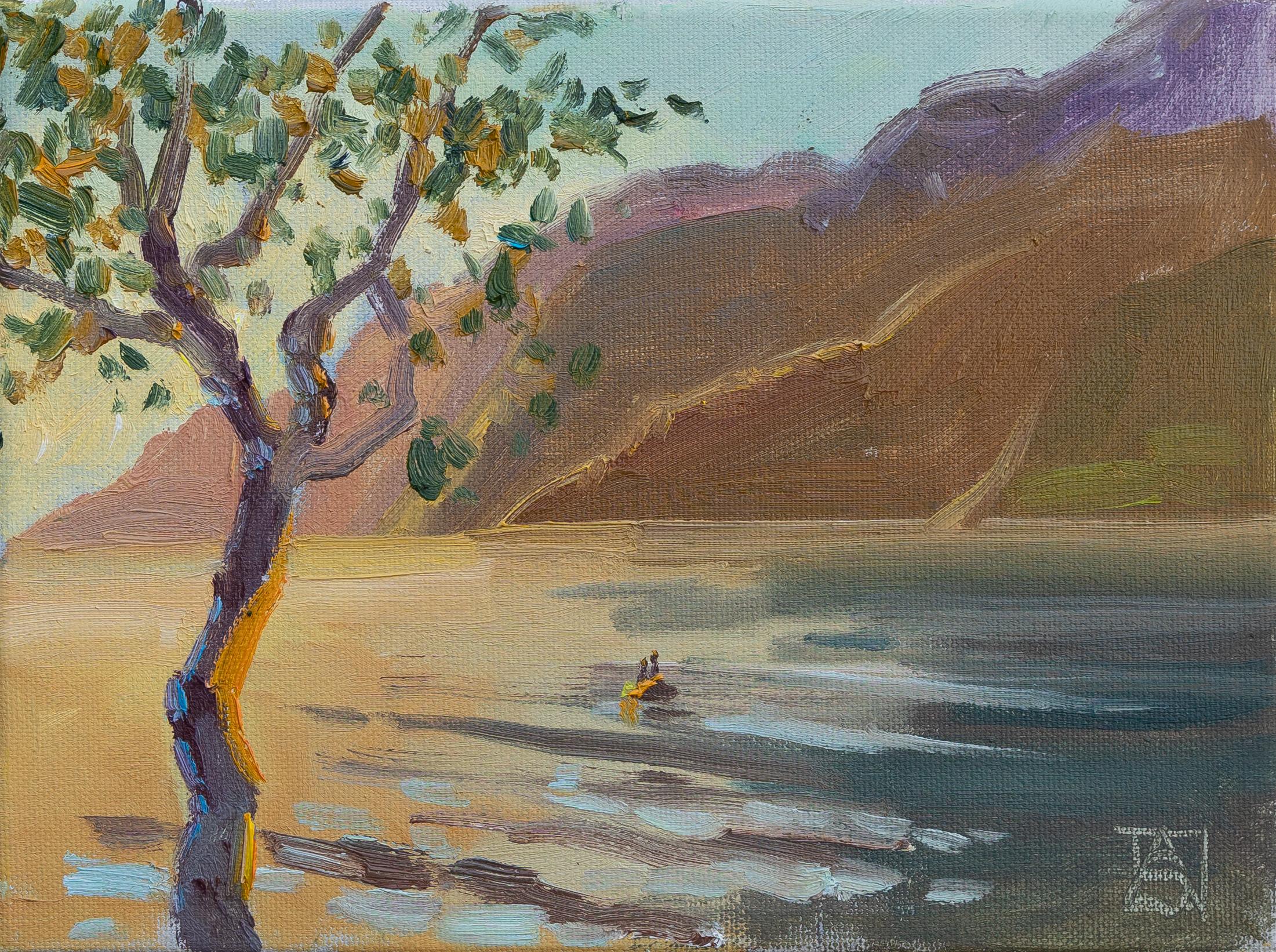 Landscape Painting di Anna Shesterikova - Due in barca. Paesaggio ad olio, impressionismo, orizzontale. Lago, montagne.