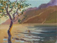 Due in barca. Paesaggio ad olio, impressionismo, orizzontale. Lago, montagne.