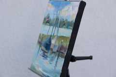 Two Yachts. Oil landscape painting, impressionism, vertical, small, boats, lake