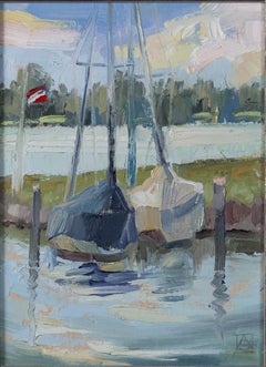 Two Yachts. Oil landscape painting, impressionism, vertical, small, boats, lake