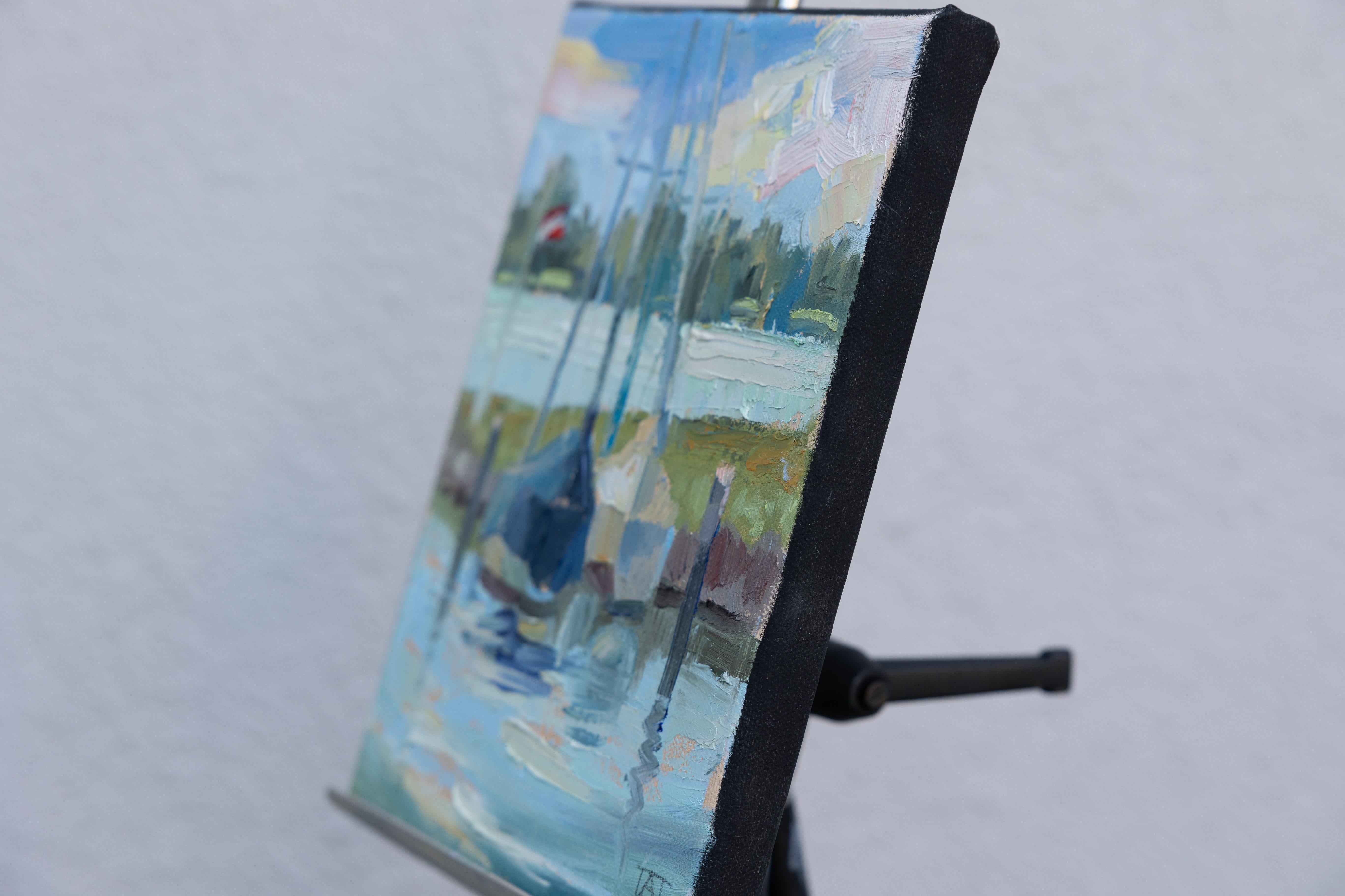 Two Yachts. Oil, post-impressionism, vertical, small, boats, lake - Painting by Anna Shesterikova
