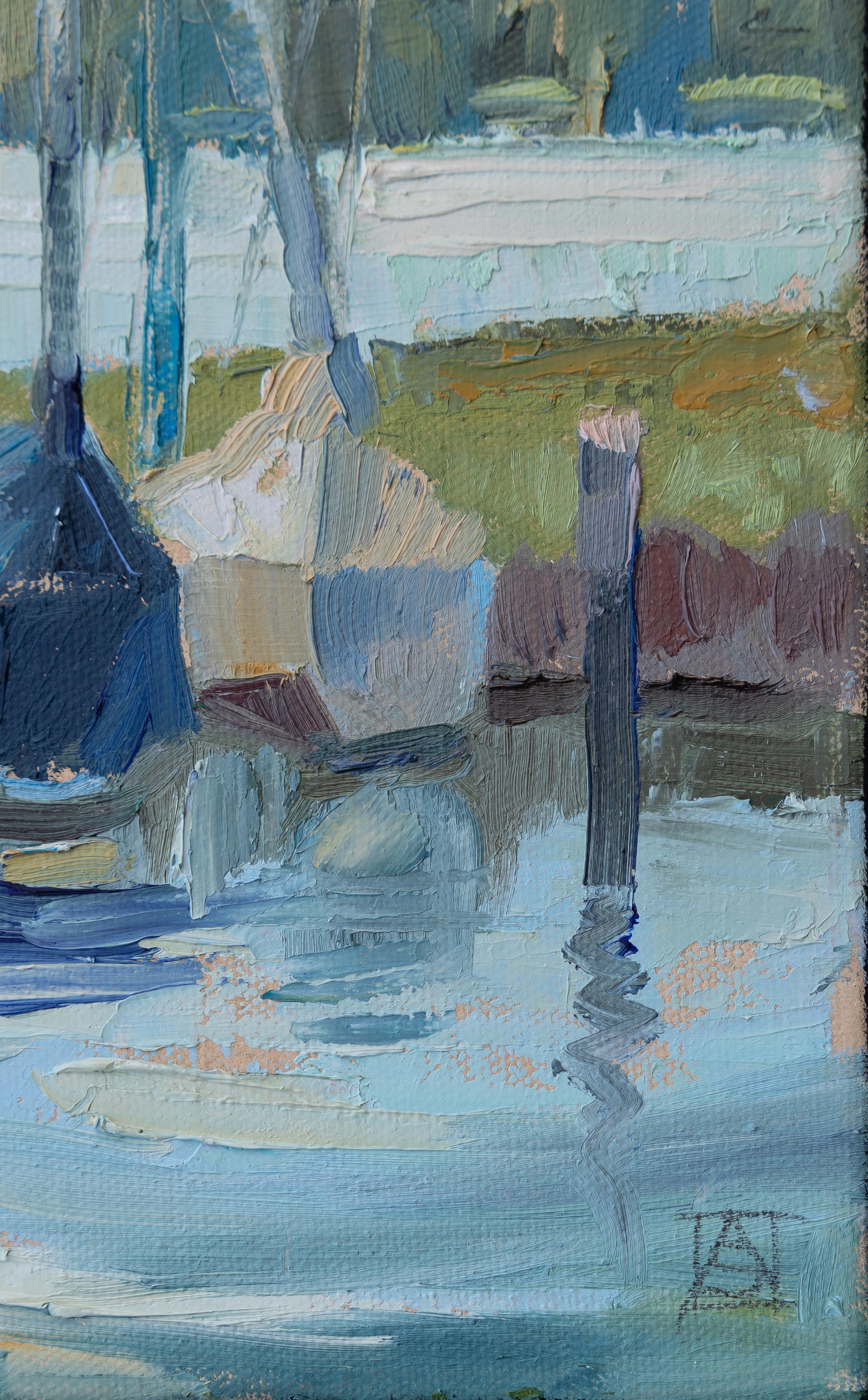 Two Yachts. Oil, post-impressionism, vertical, small, boats, lake - Blue Landscape Painting by Anna Shesterikova