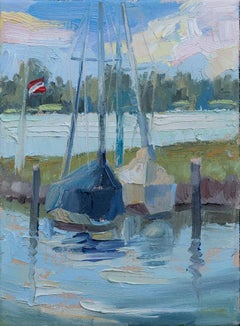 Two Yachts. Oil, post-impressionism, vertical, small, boats, lake