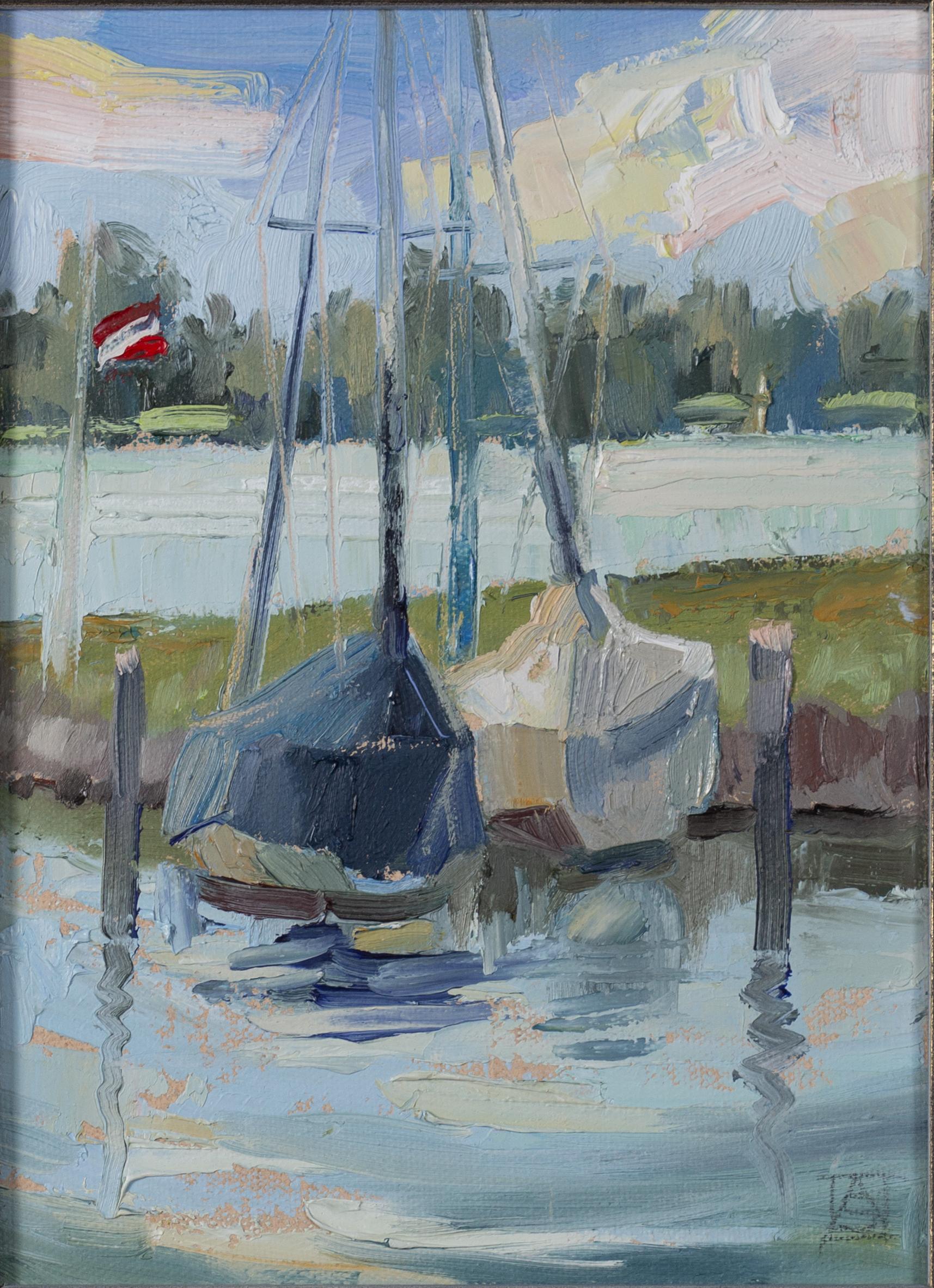 Anna Shesterikova Landscape Painting - Two Yachts. Oil, post-impressionism, vertical, small, boats, lake