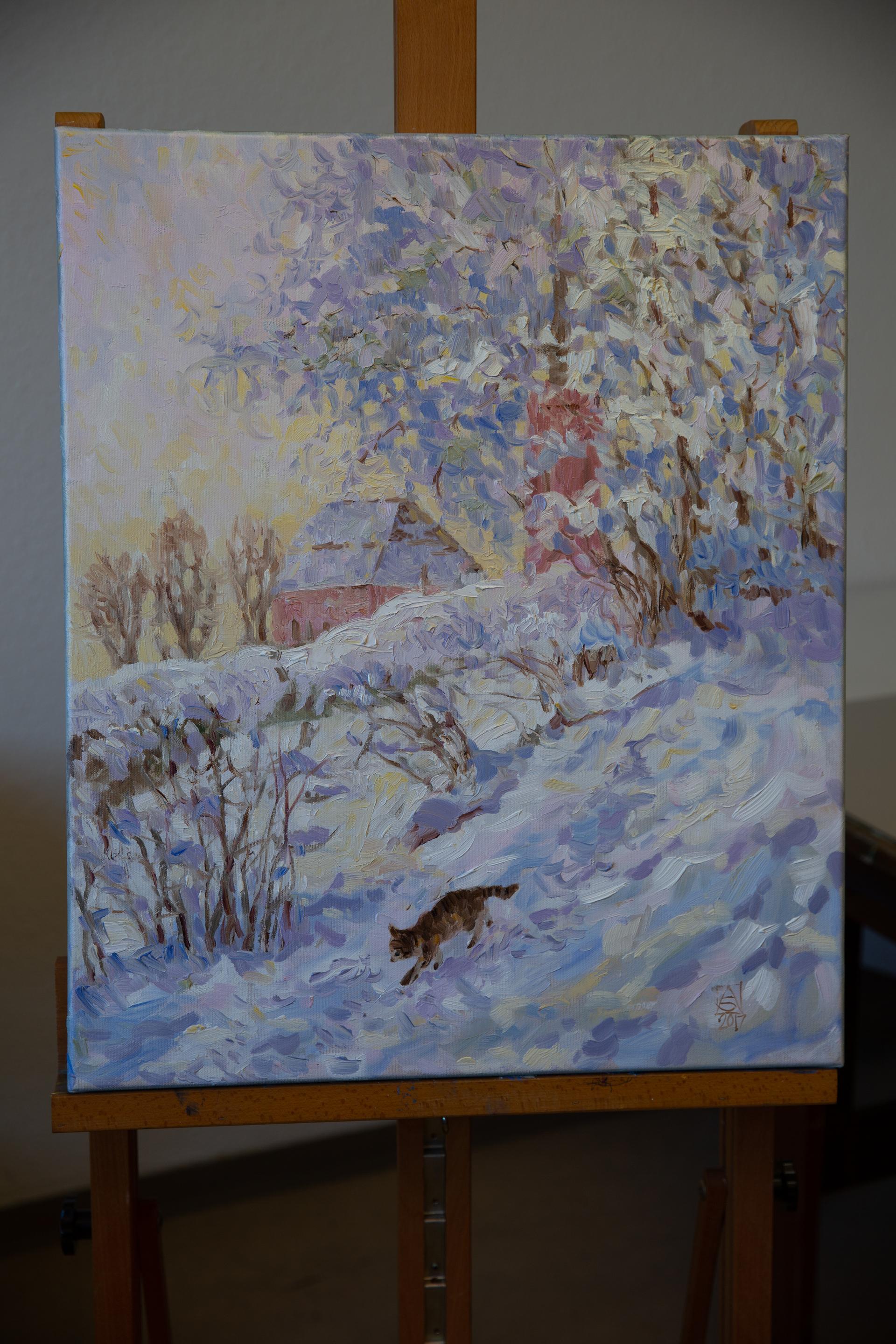 Vue du The Studio. Paysage vertical, impressionnisme, hiver, nature, chat - Post-impressionnisme Painting par Anna Shesterikova