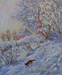 View from the Art Studio. Vertical landscape, impressionism, winter, nature, cat