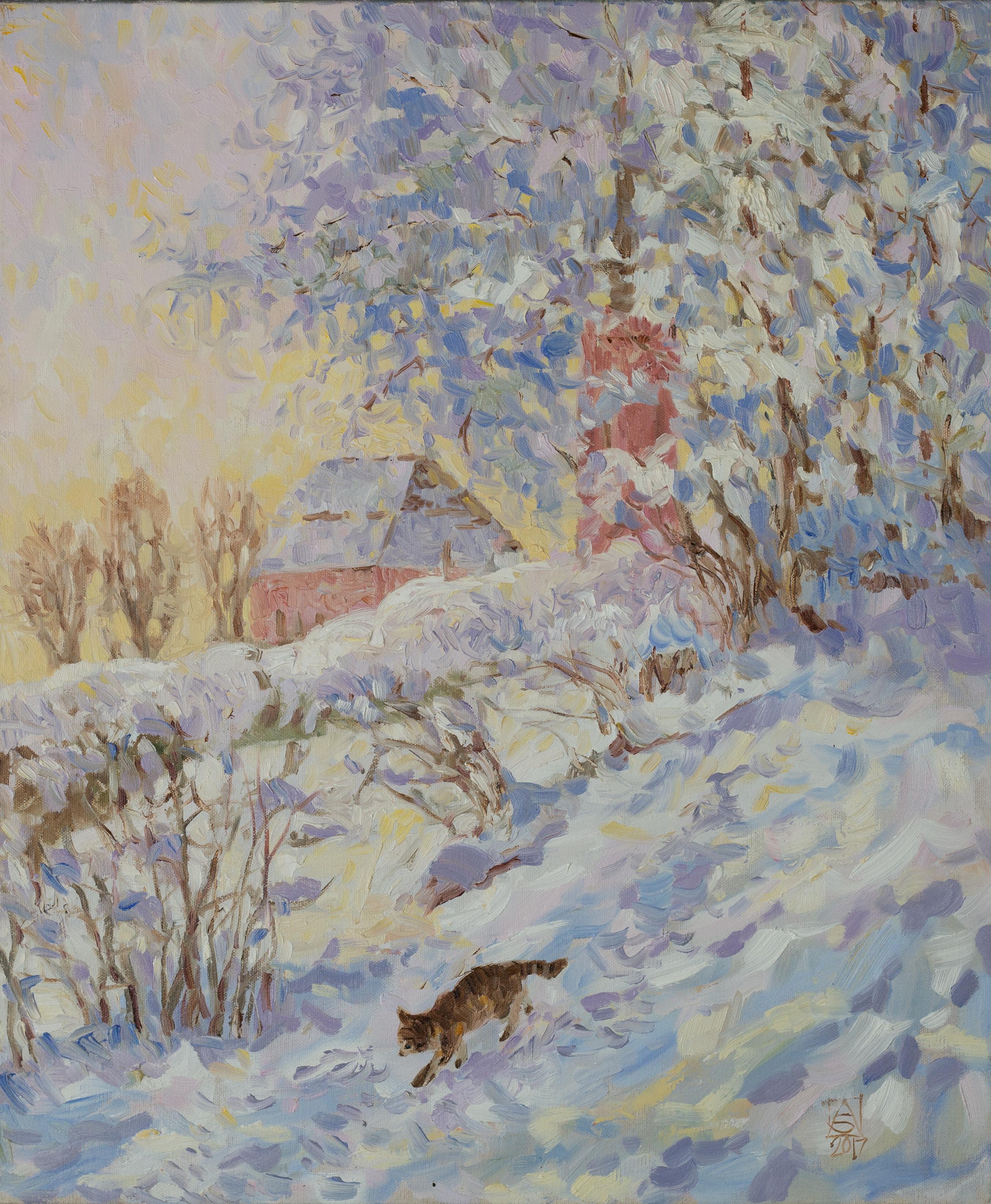 Anna Shesterikova Landscape Painting - View from the Art Studio. Vertical landscape, impressionism, winter, nature, cat
