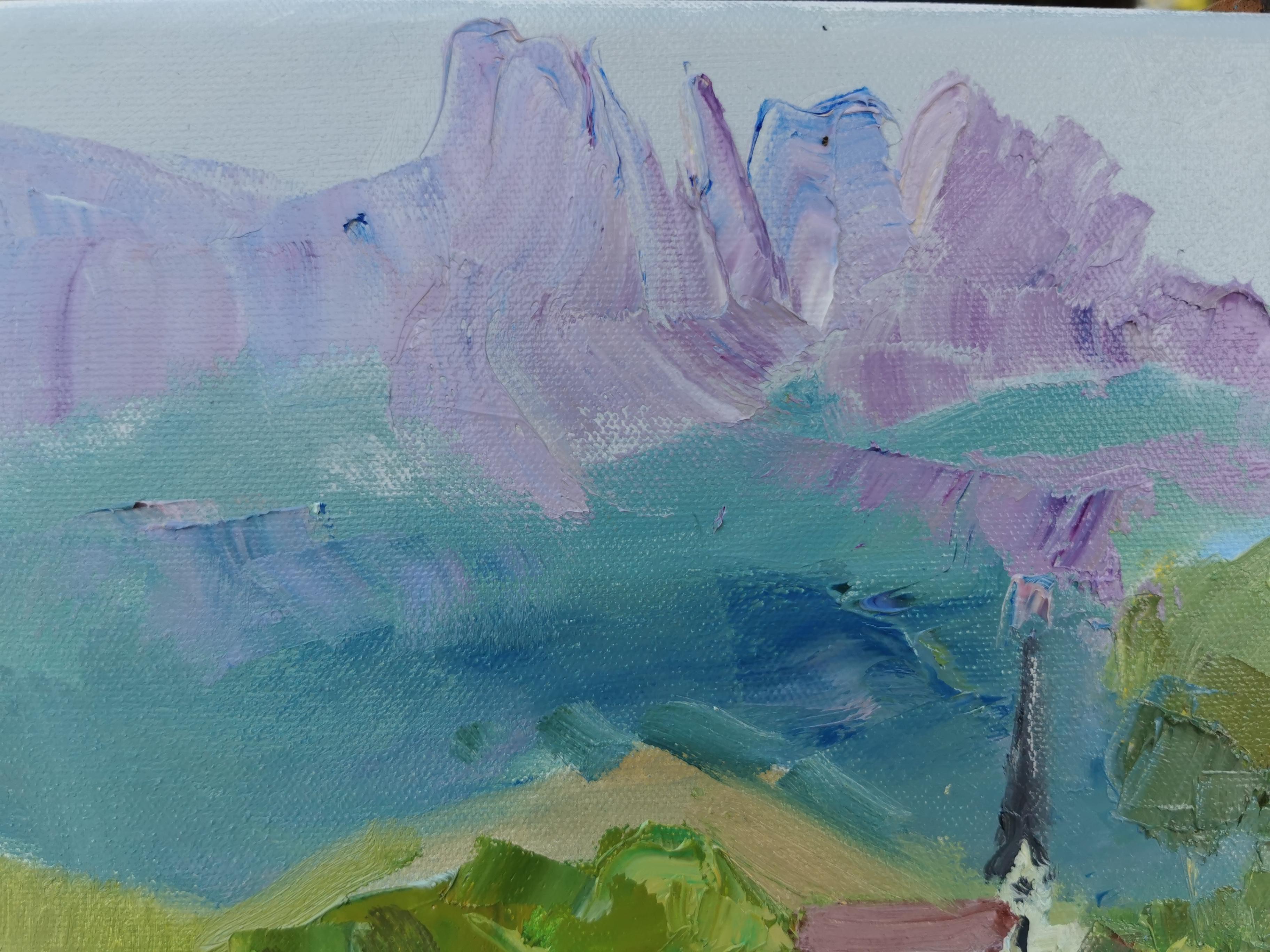 Blick auf Gams. Horizont, Impressionismus, Landschaft, See, Berge, Schweiz im Angebot 5