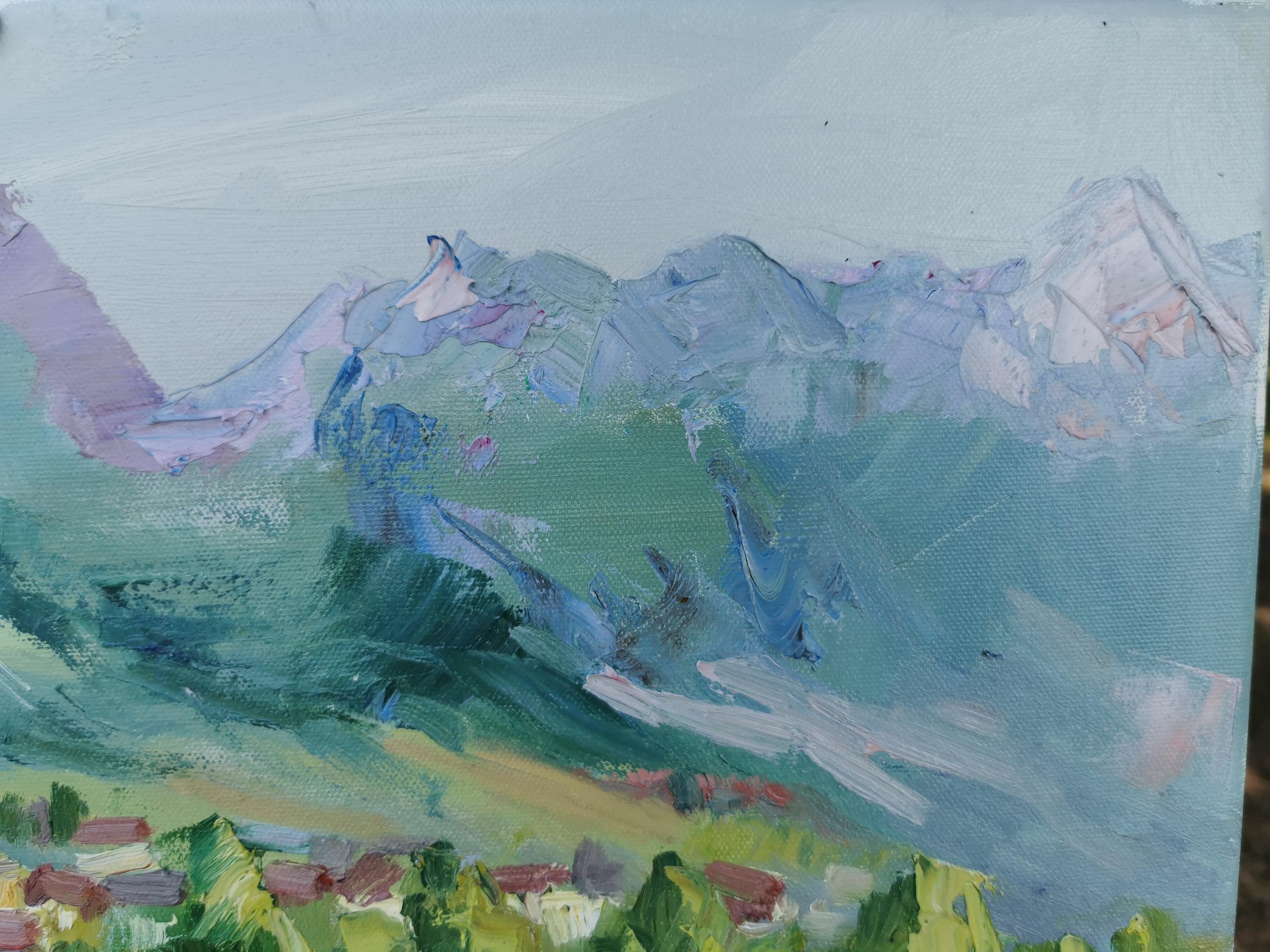 Blick auf Gams. Horizont, Impressionismus, Landschaft, See, Berge, Schweiz im Angebot 6