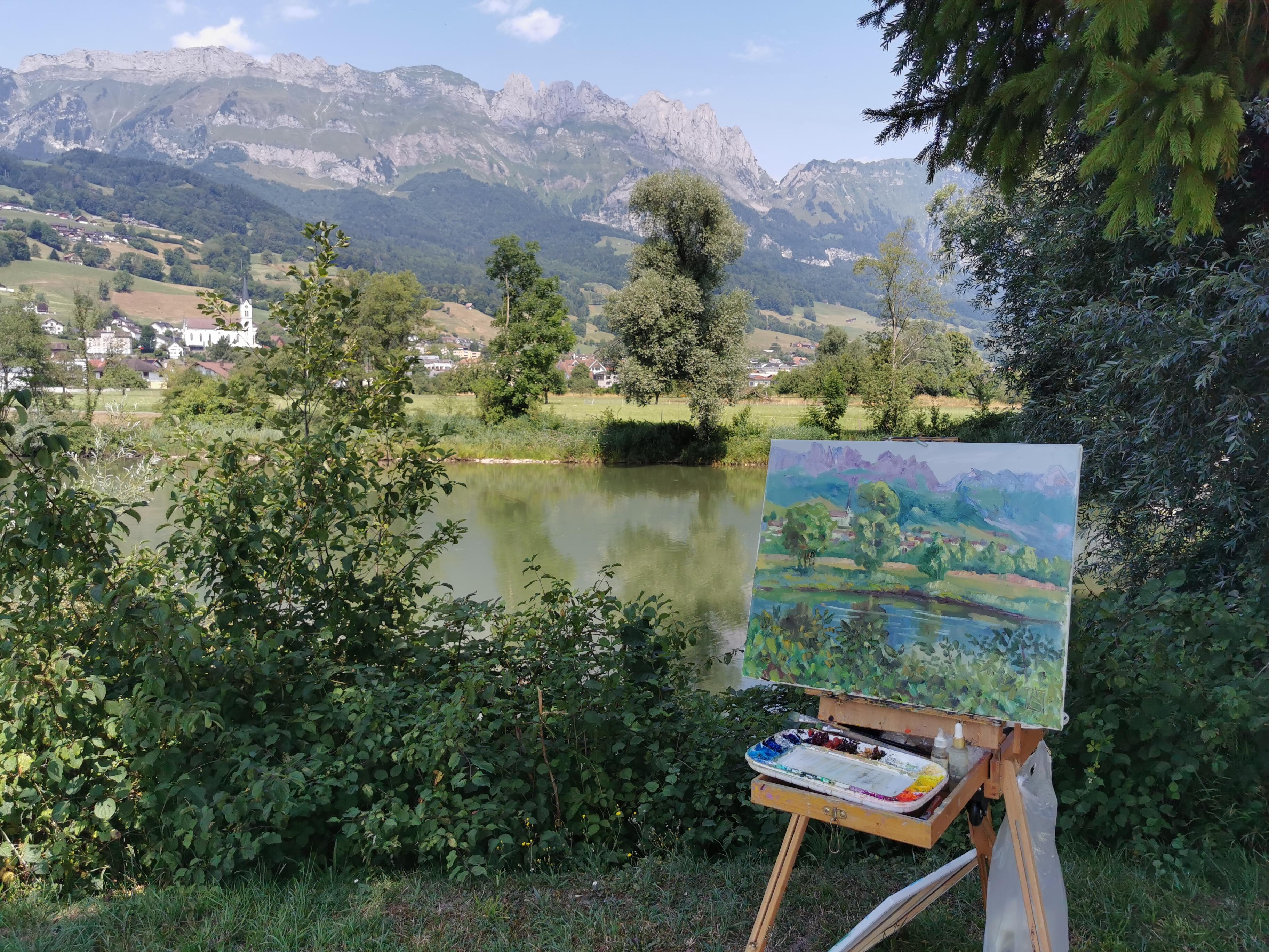 Blick auf Gams. Horizont, Impressionismus, Landschaft, See, Berge, Schweiz im Angebot 9