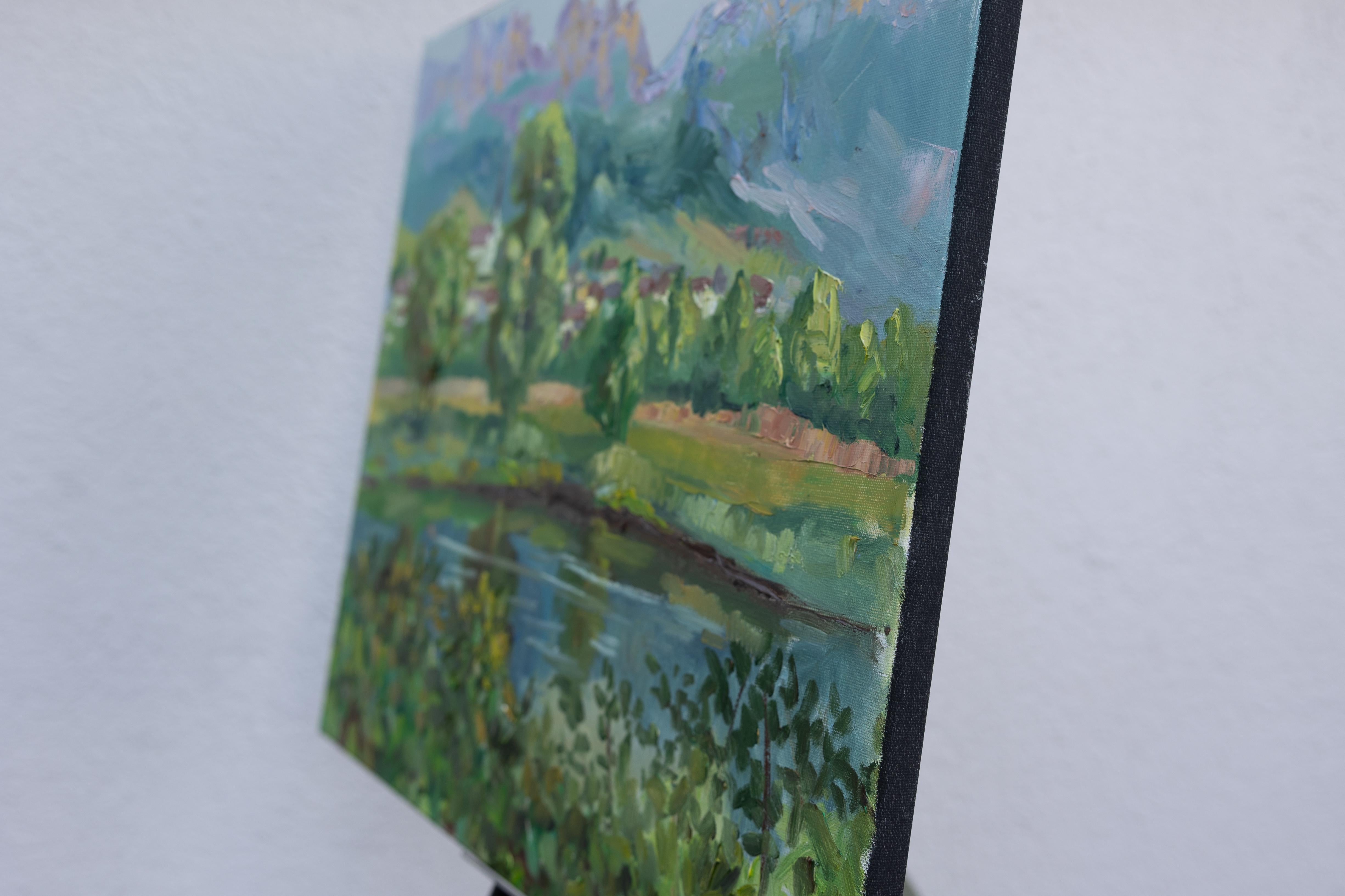Blick auf Gams. Horizont, Impressionismus, Landschaft, See, Berge, Schweiz – Painting von Anna Shesterikova