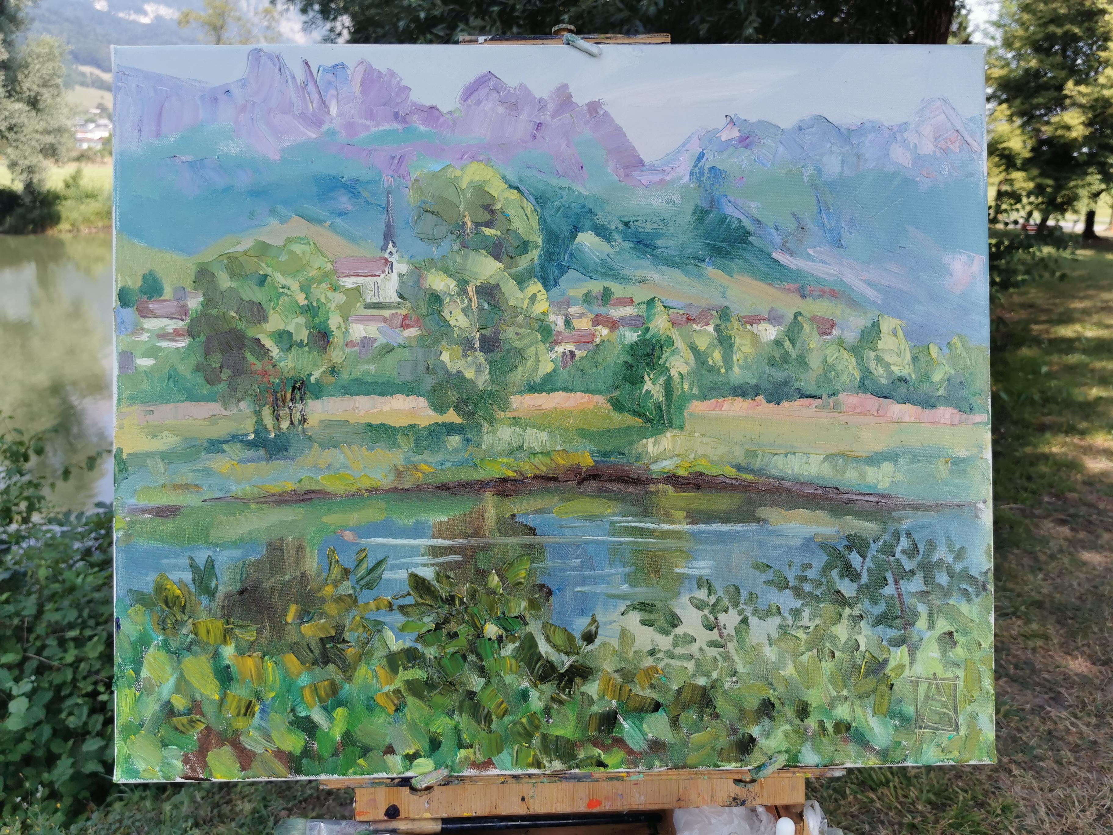 Blick auf Gams. Horizont, Impressionismus, Landschaft, See, Berge, Schweiz (Post-Impressionismus), Painting, von Anna Shesterikova